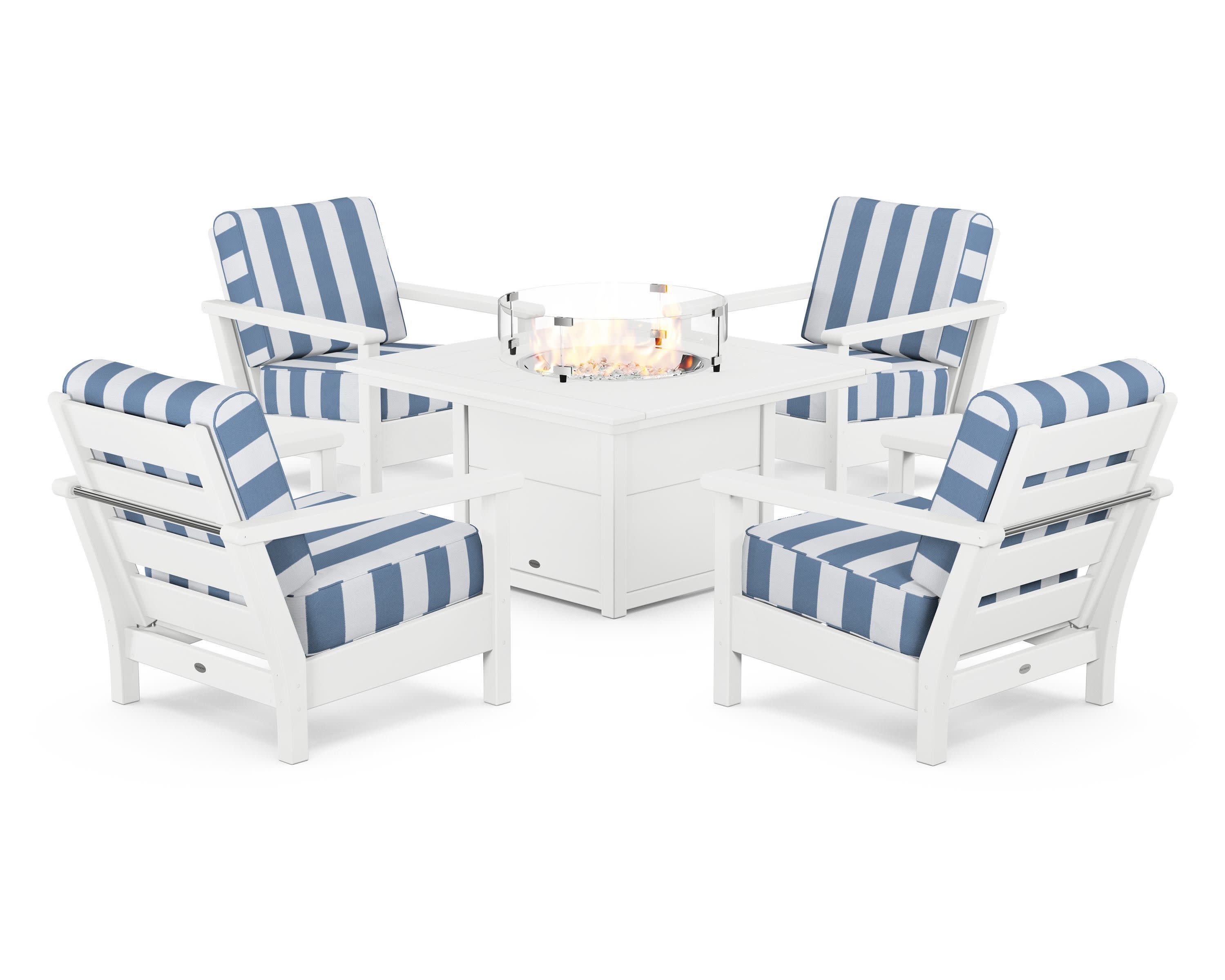 Harbour 5-Piece Conversation Set with Fire Pit Table in White / Cabana Stripe Sky Blue