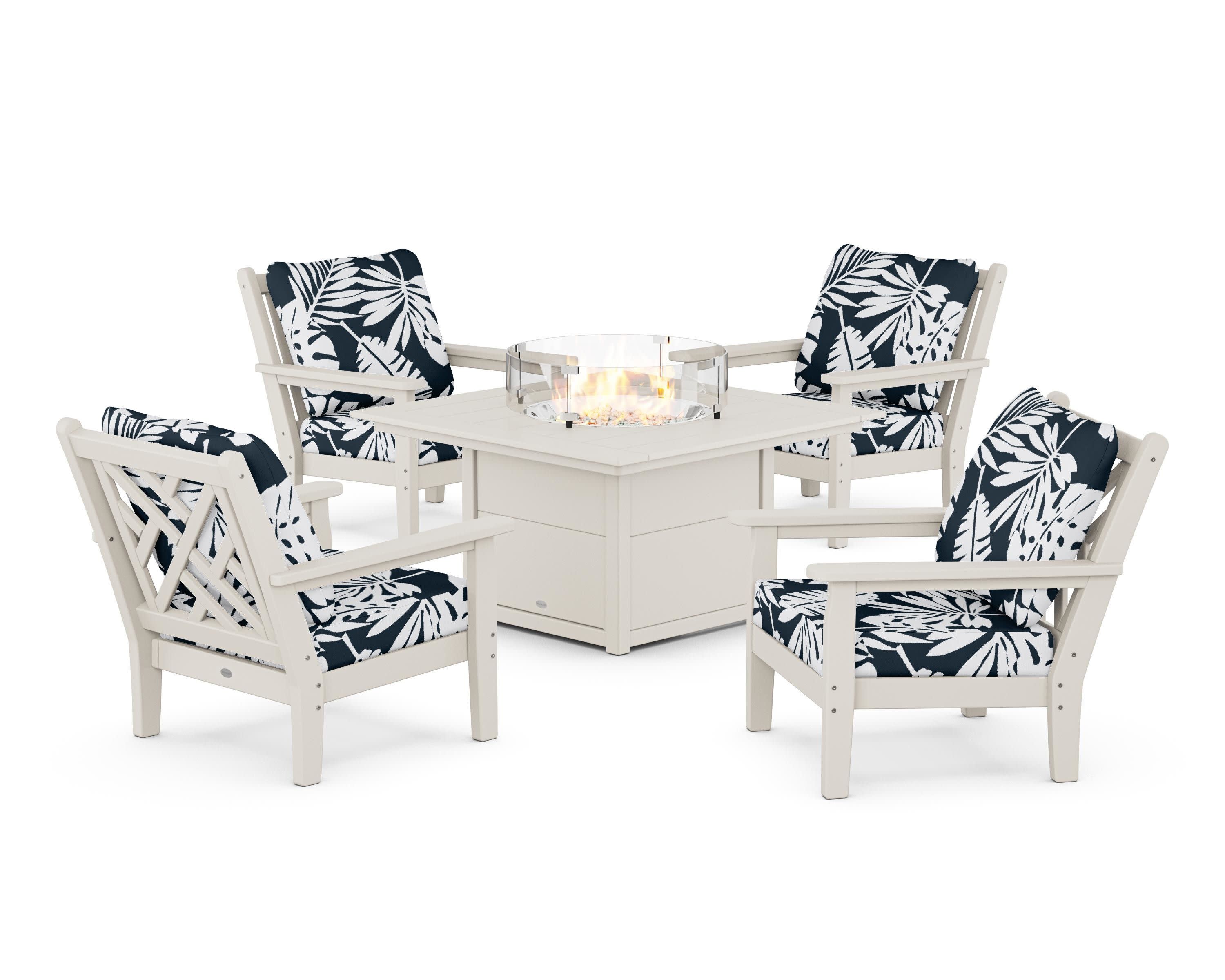 Chippendale 5-Piece Deep Seating Set with Fire Pit Table in Sand / Leaf Marine Indigo