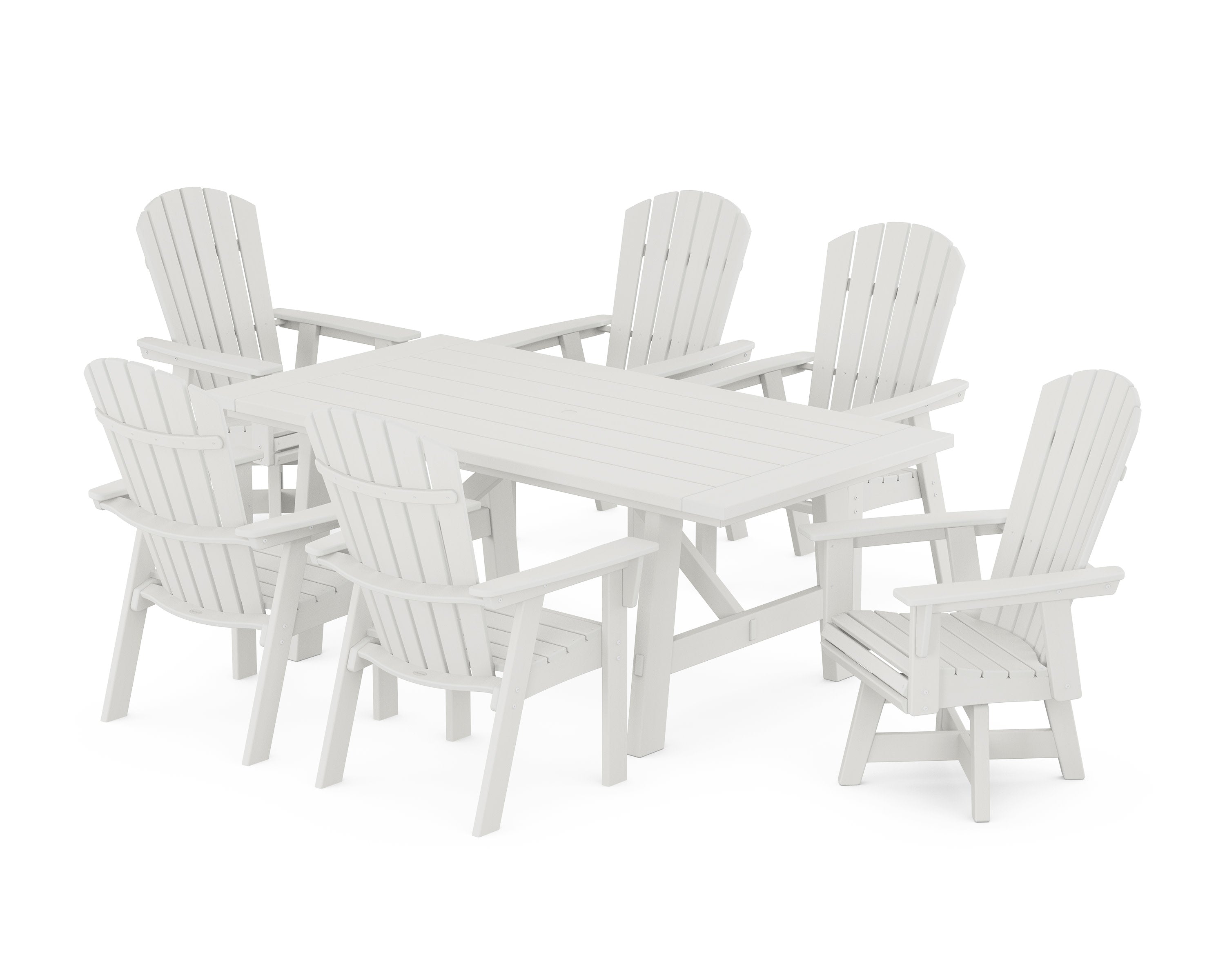 Nautical Curveback Adirondack Swivel Chair 7-Piece Rustic Farmhouse Dining Set in Vintage White