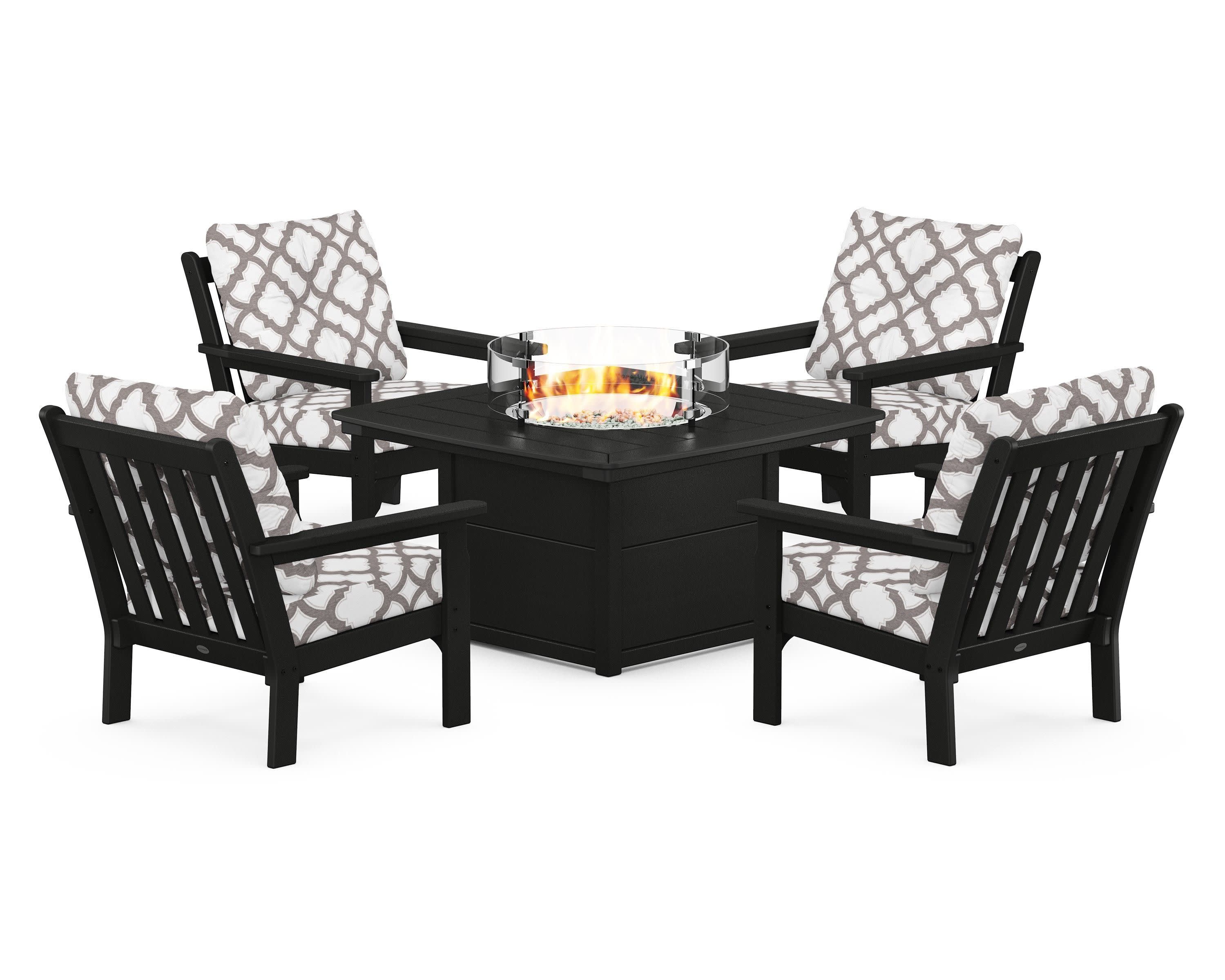 Vineyard 5-Piece Conversation Set with Fire Pit Table in Black / Trellis Grey Mist
