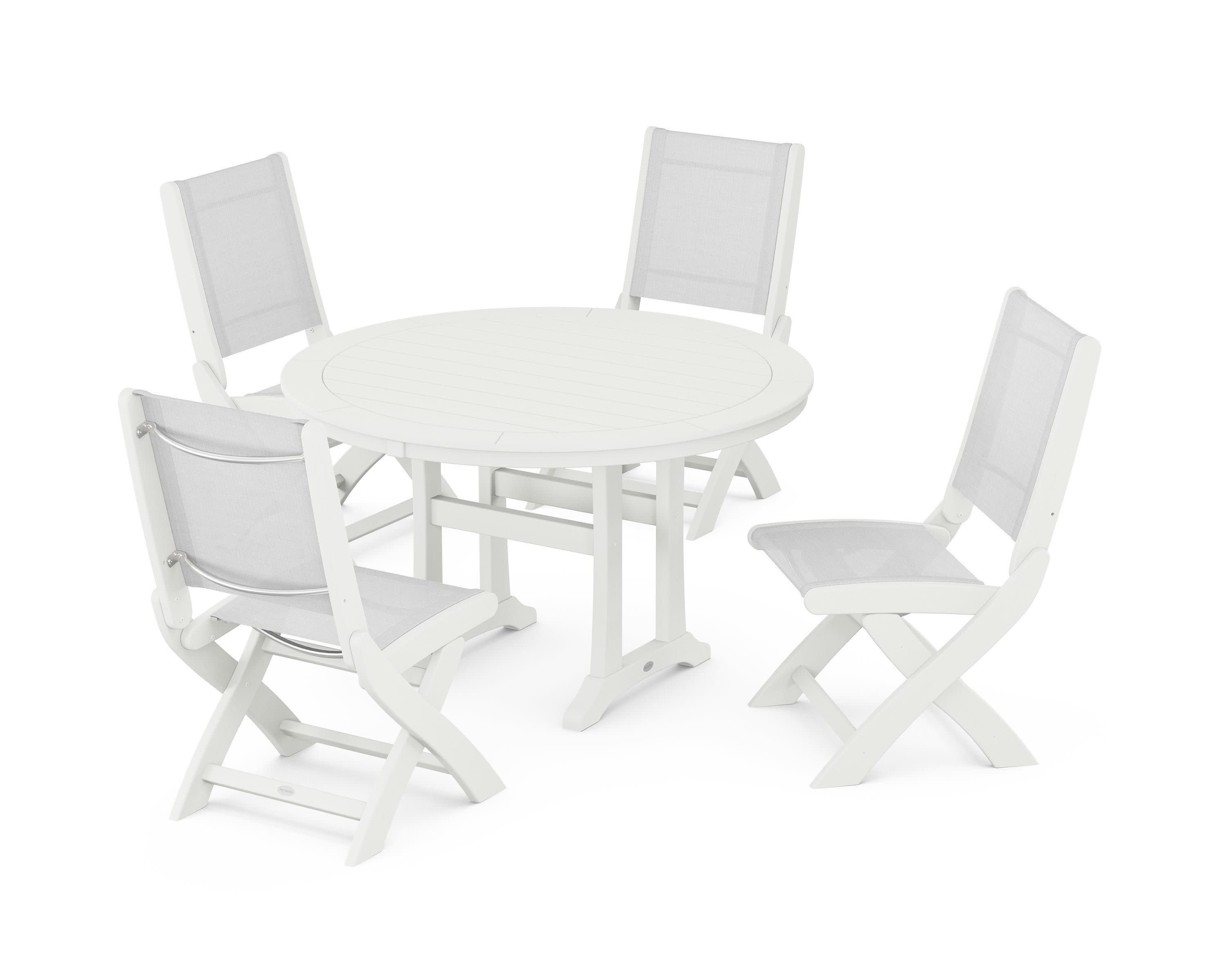 Coastal Folding Side Chair 5-Piece Round Dining Set With Trestle Legs in Vintage White / White Sling
