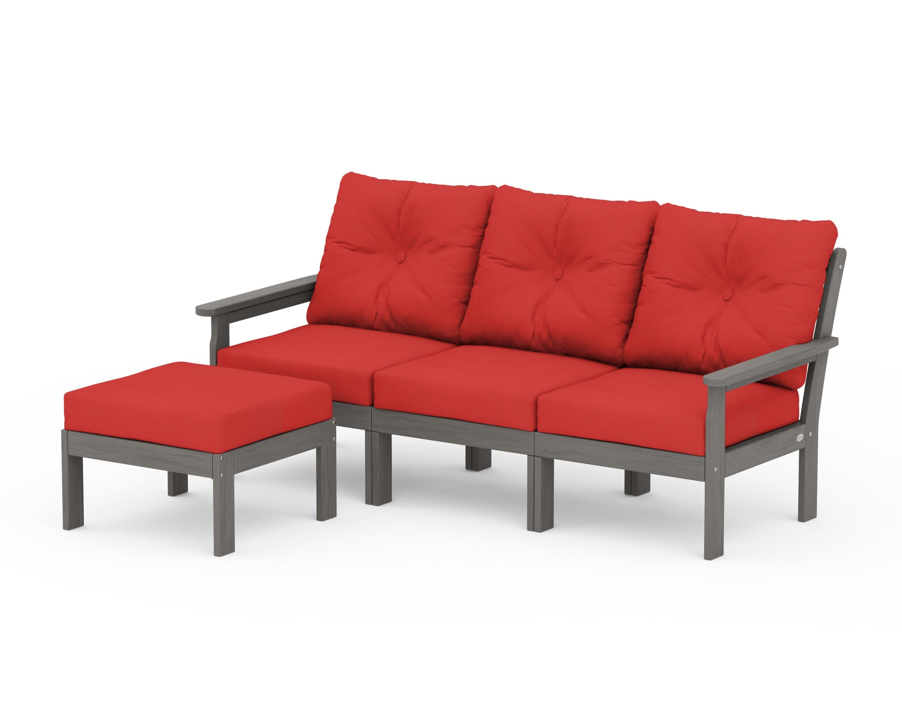 Vineyard 4-Piece Sectional with Ottoman in Driftwood / Crimson Linen