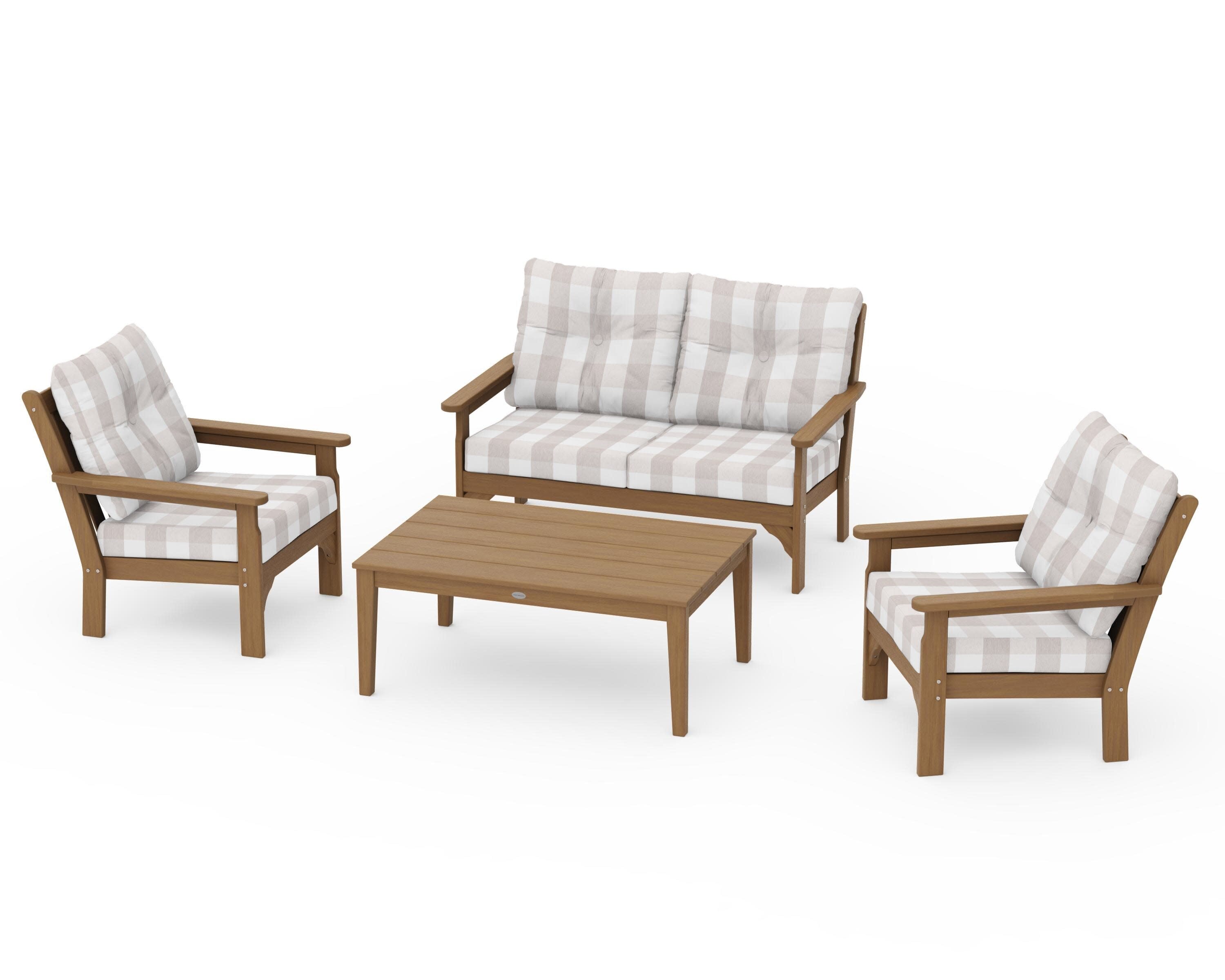 Vineyard 4-Piece Deep Seating Set in Natural / Buffalo Plaid Dune Burlap