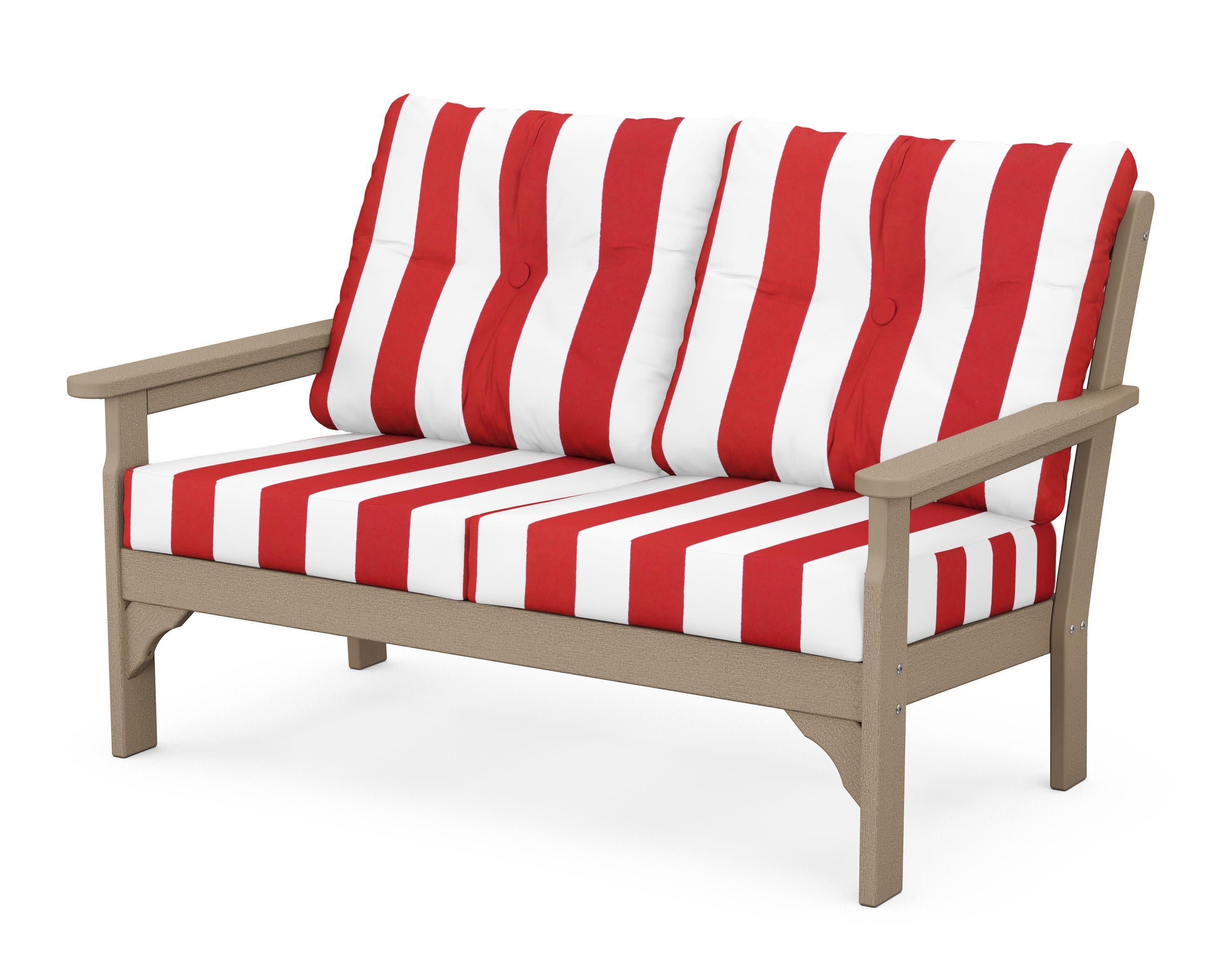 Vineyard Deep Seating Loveseat in Vintage Sahara / Cabana Stripe Crimson
