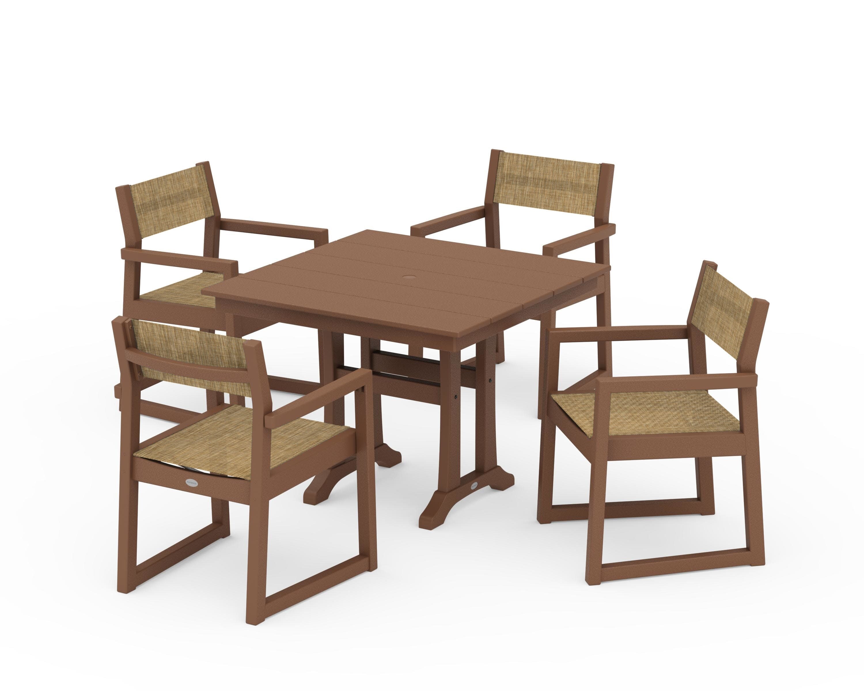 EDGE Sling 5-Piece Farmhouse Dining Set with Trestle Legs in Teak / Burlap Sling