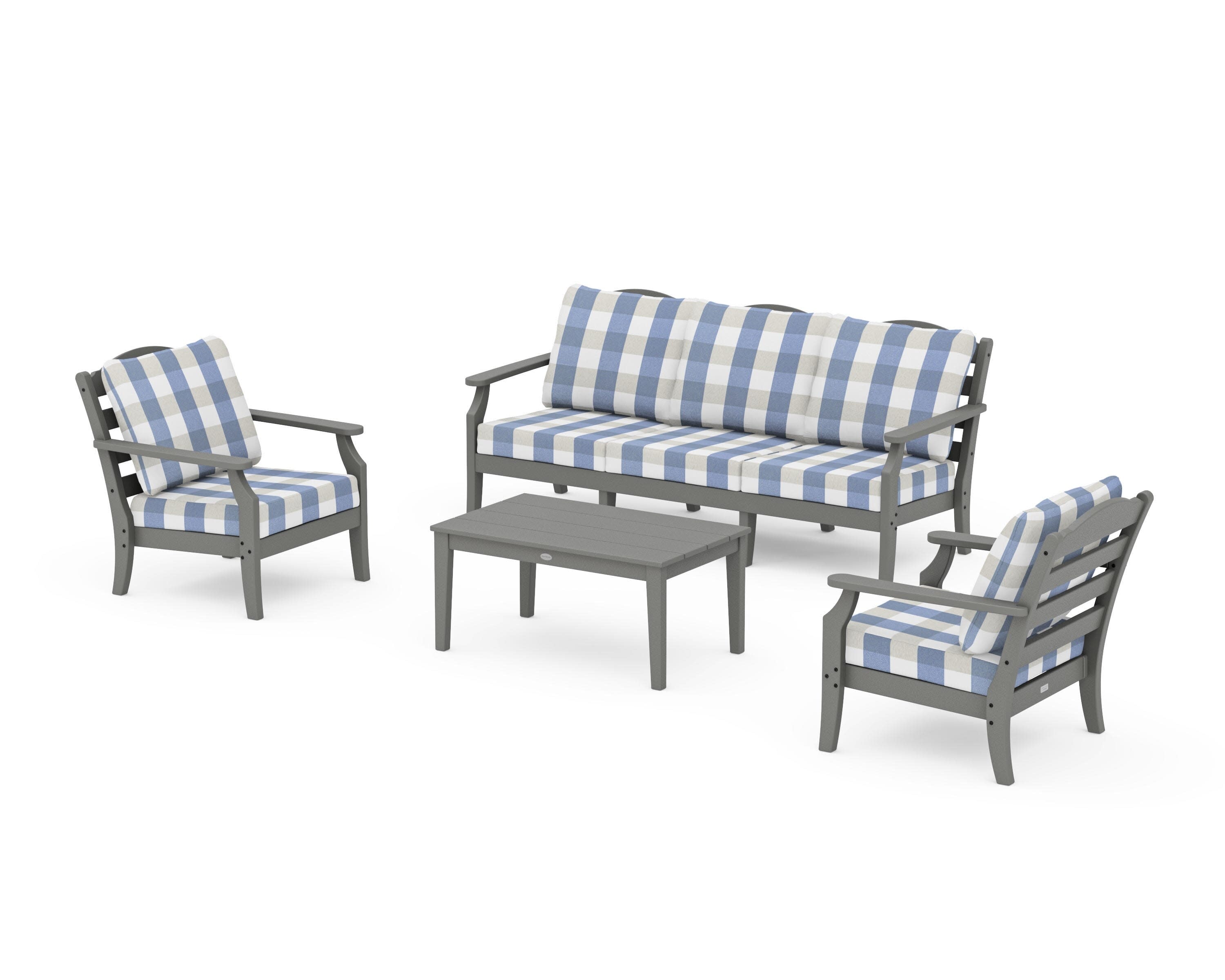 Savannah 4-Piece Deep Seating Set with Sofa in Slate Grey / Buffalo Plaid Sky Blue