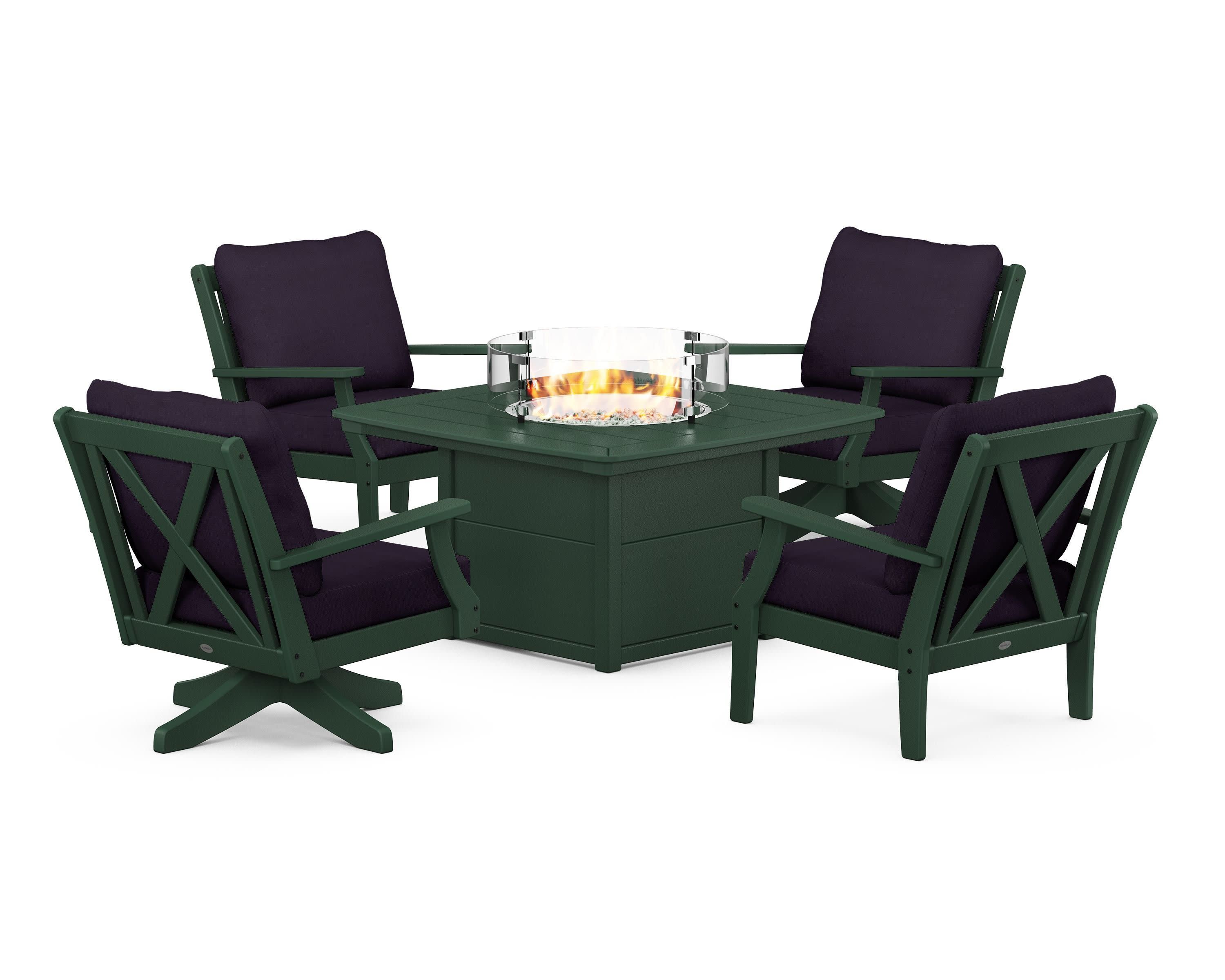 Braxton 5-Piece Deep Seating Set with Fire Table in Green / Navy Linen