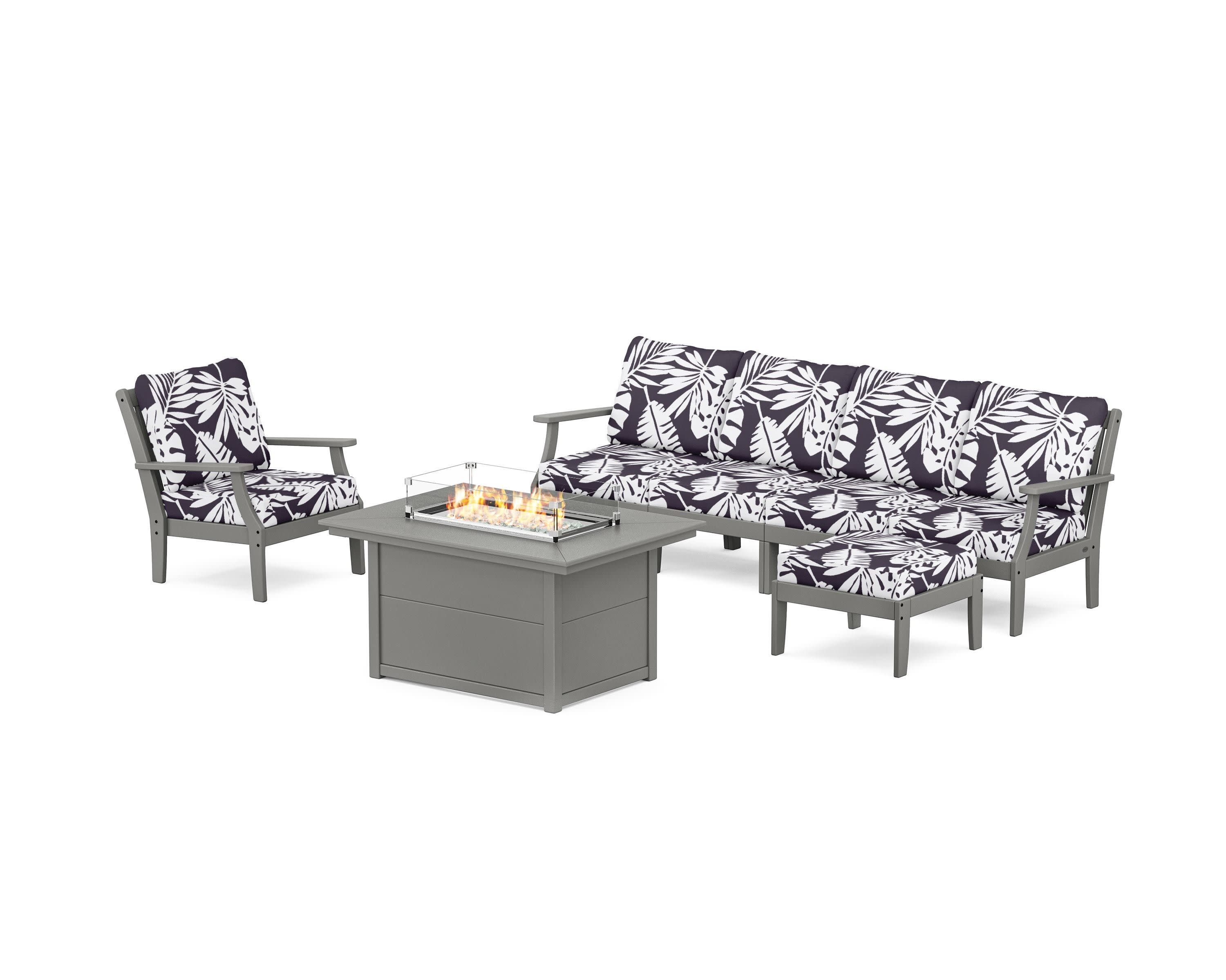 Braxton Sectional Lounge and Fire Pit Set in Slate Grey / Leaf Navy
