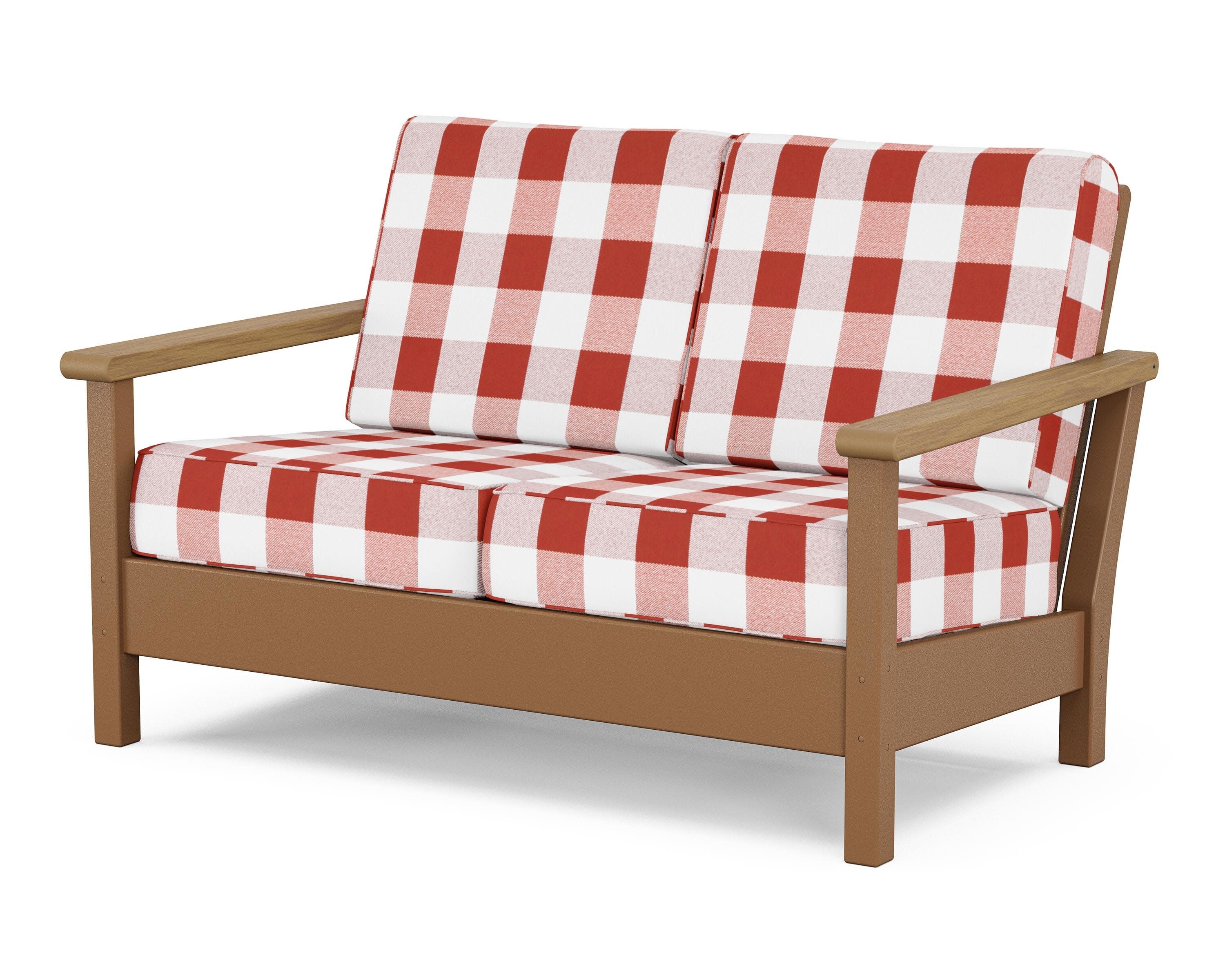 Harbour Deep Seating Loveseat in Teak / Natural / Buffalo Plaid Crimson