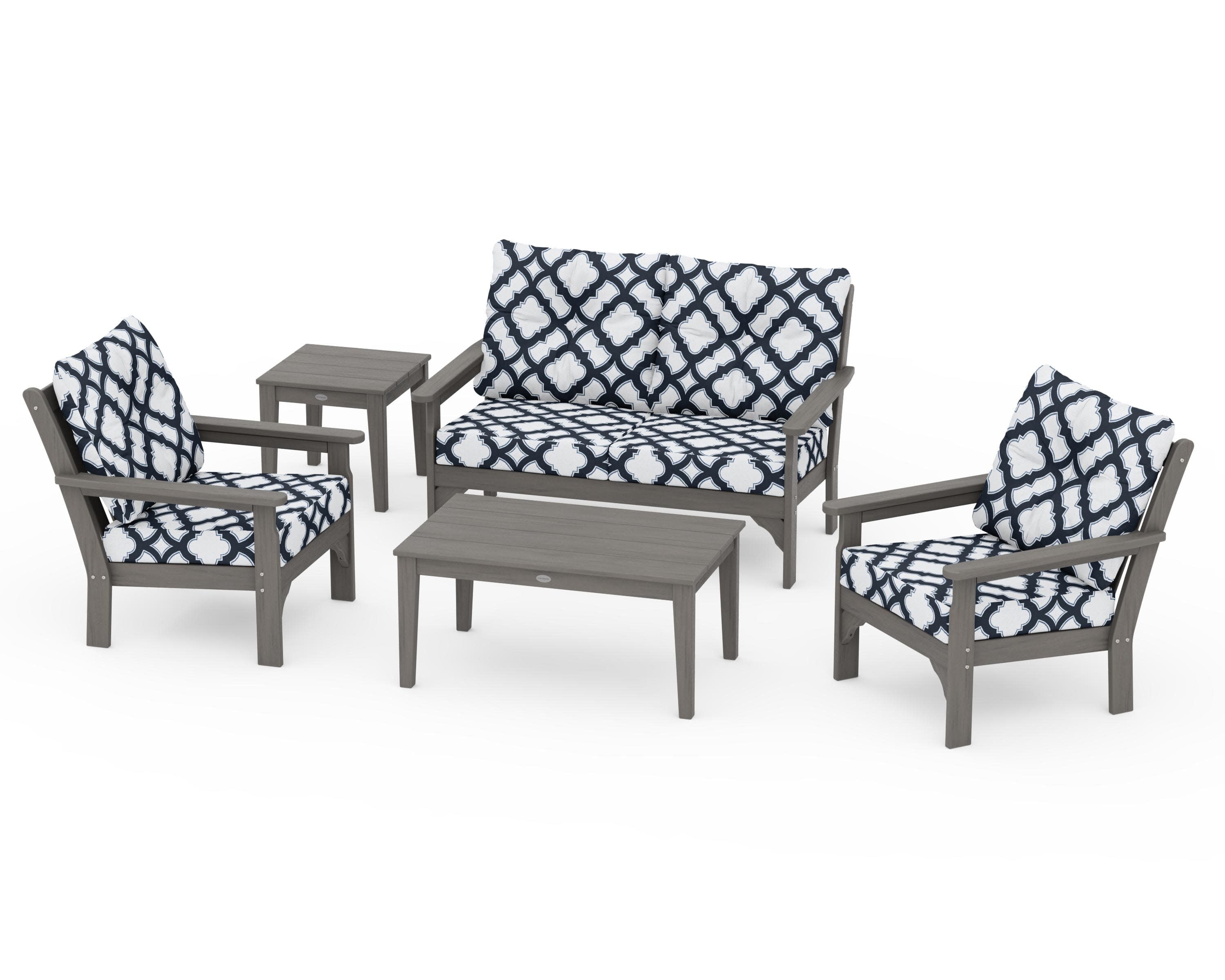 Vineyard 5-Piece Deep Seating Set in Driftwood / Trellis Marine Indigo