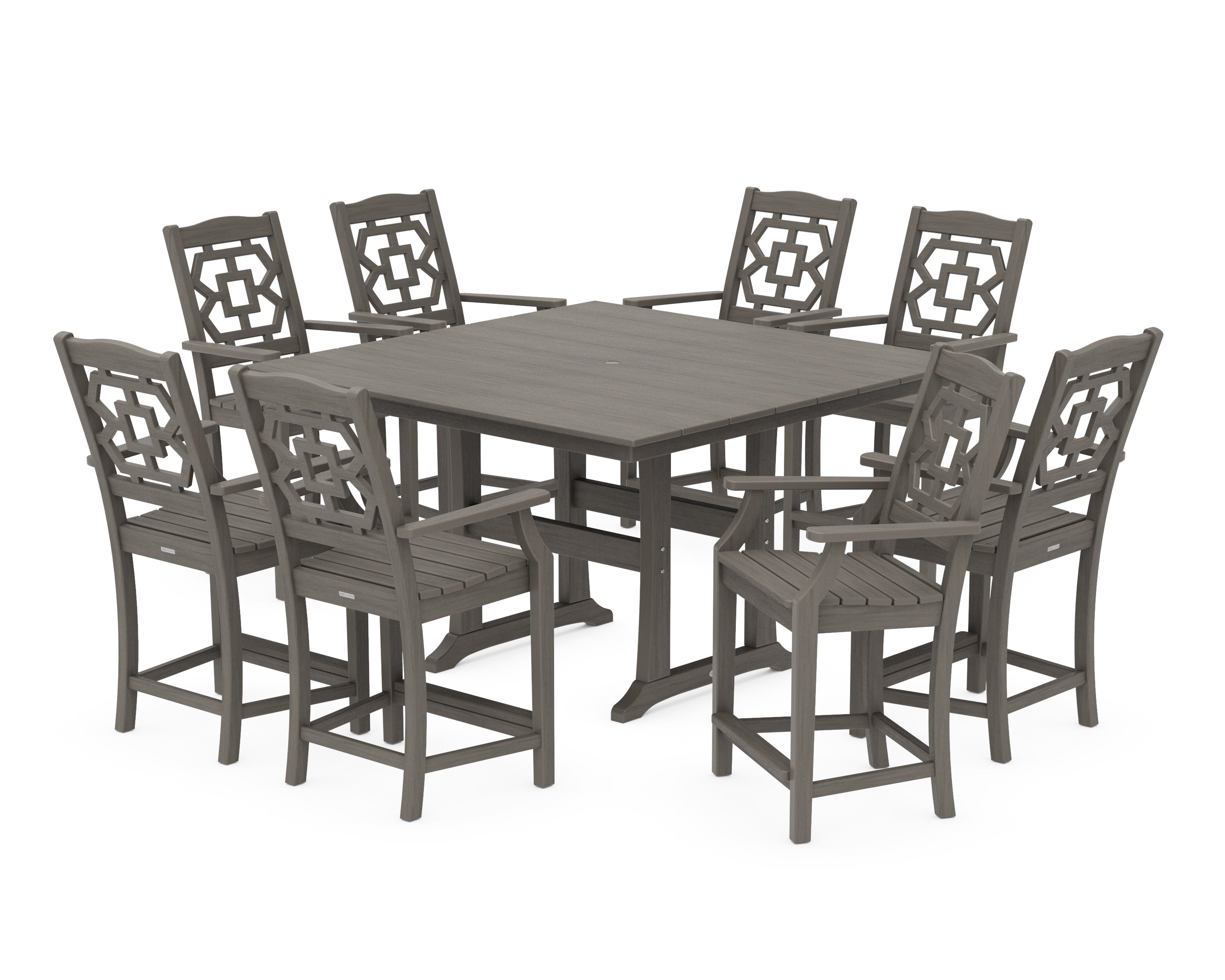 Chinoiserie 9-Piece Square Farmhouse Counter Set with Trestle Legs in Driftwood