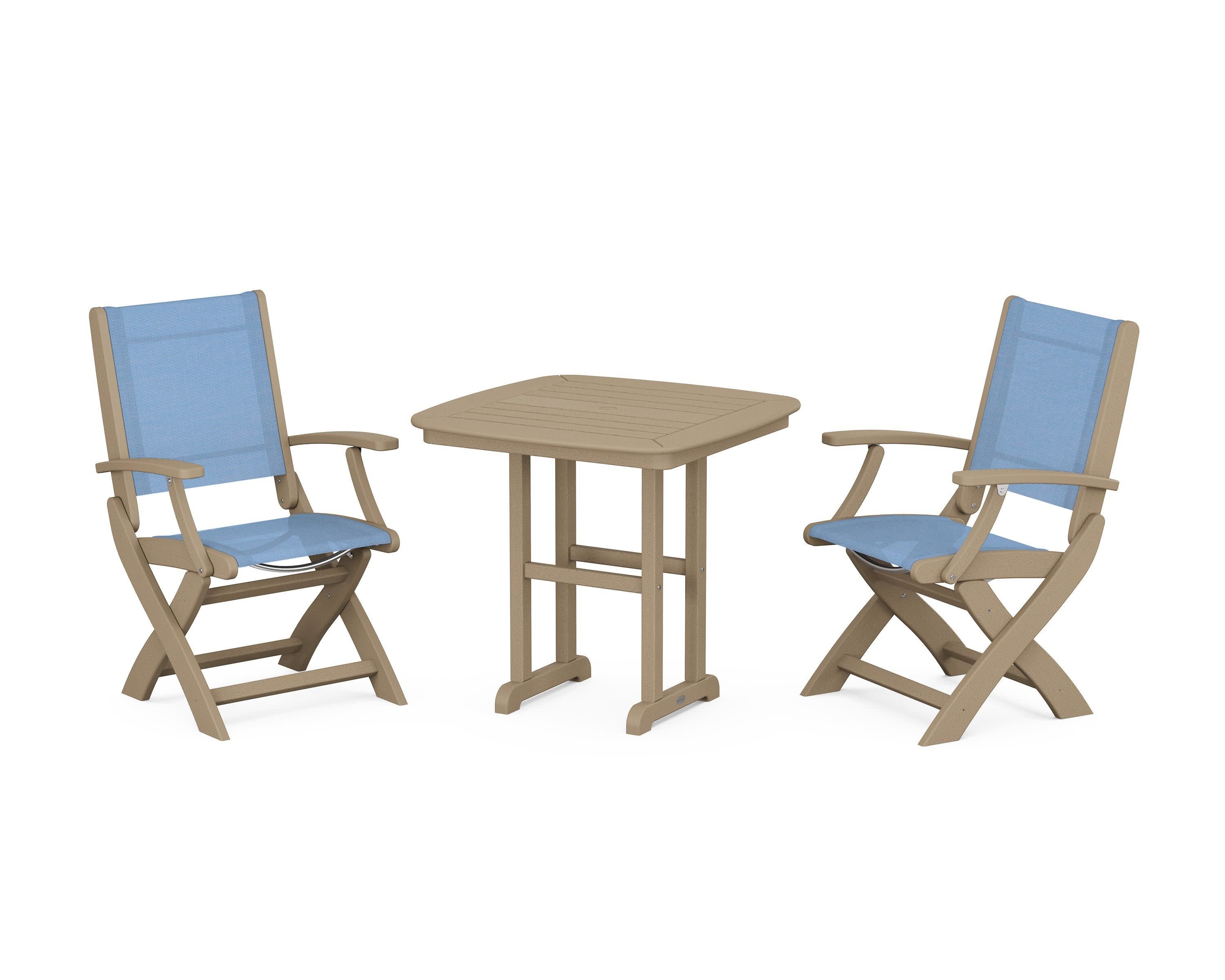 Coastal Folding Chair 3-Piece Dining Set in Vintage Sahara / Poolside Sling