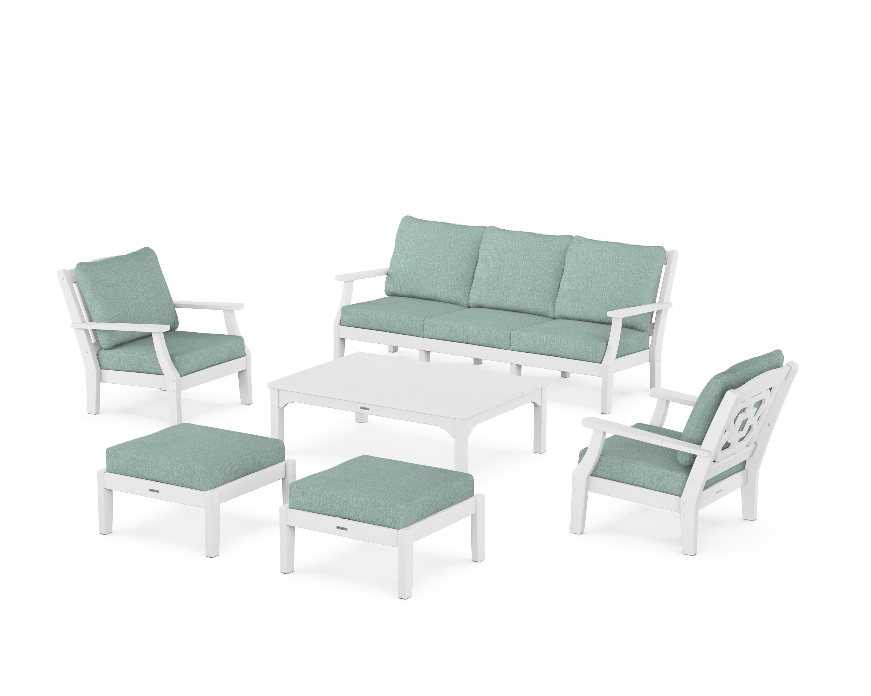 Chinoiserie 6-Piece Lounge Sofa Set in White / Glacier Spa
