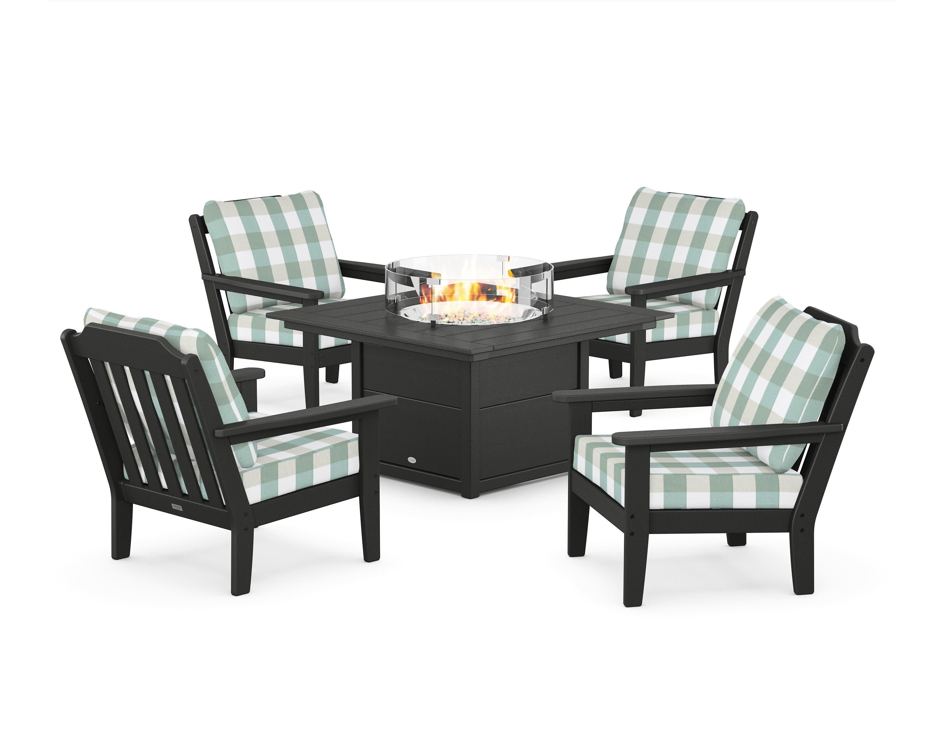 Cottage 5-Piece Deep Seating Set with Fire Pit Table in Black / Buffalo Plaid Glacier Spa