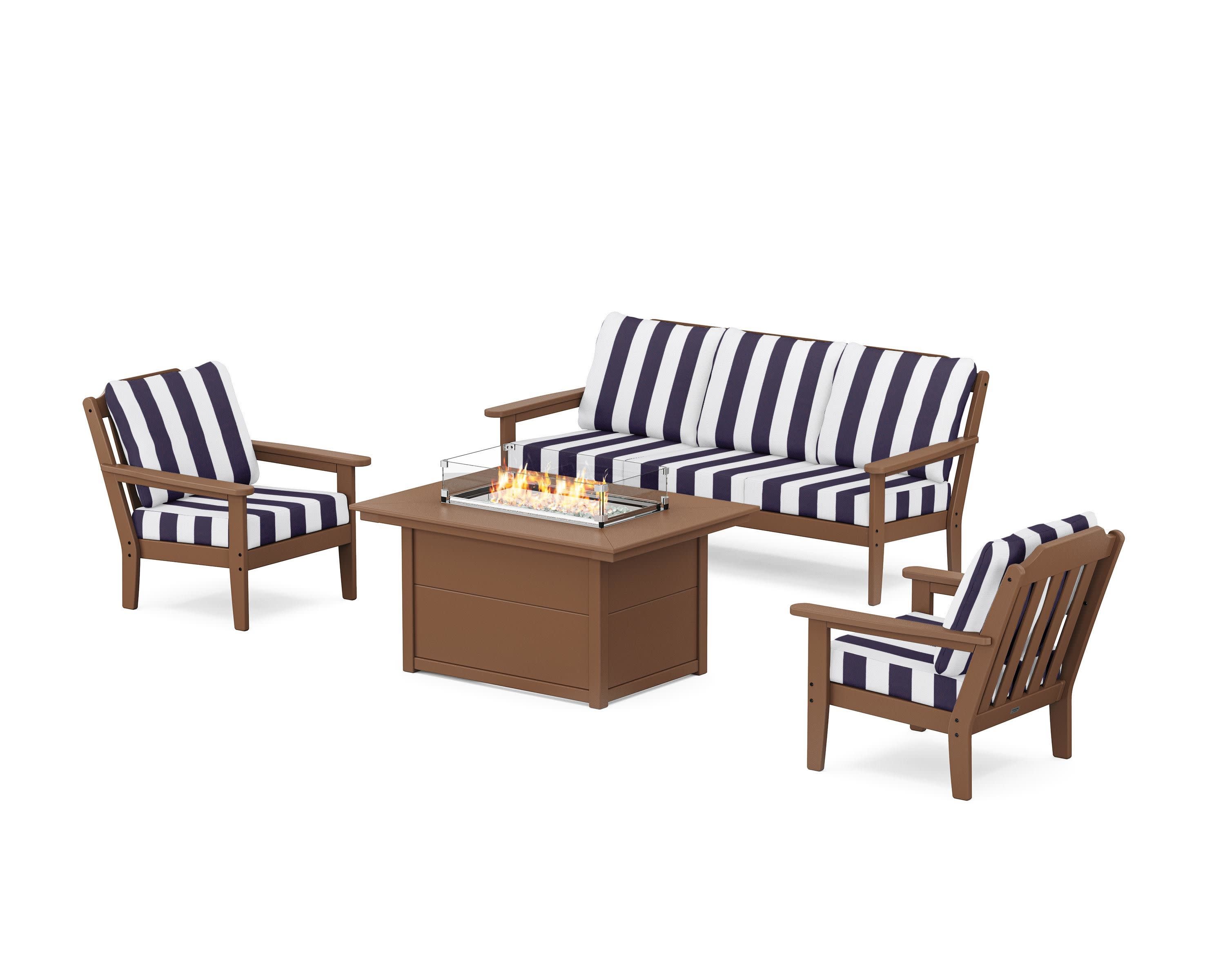 Cottage Deep Seating Fire Pit Table Set in Teak / Cabana Stripe Navy
