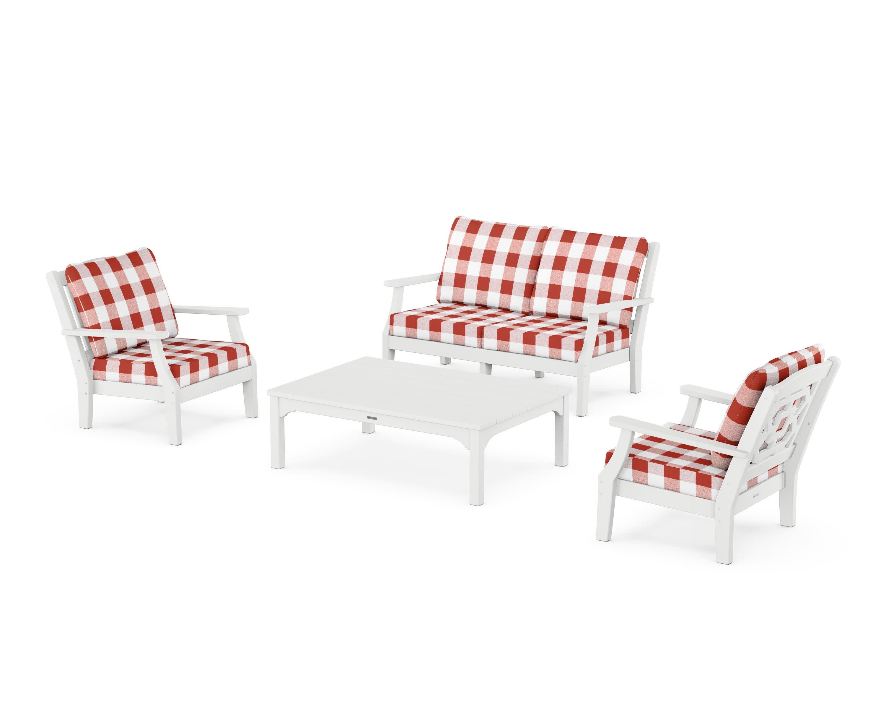 Chinoiserie 4-Piece Deep Seating Set with Loveseat in White / Buffalo Plaid Crimson