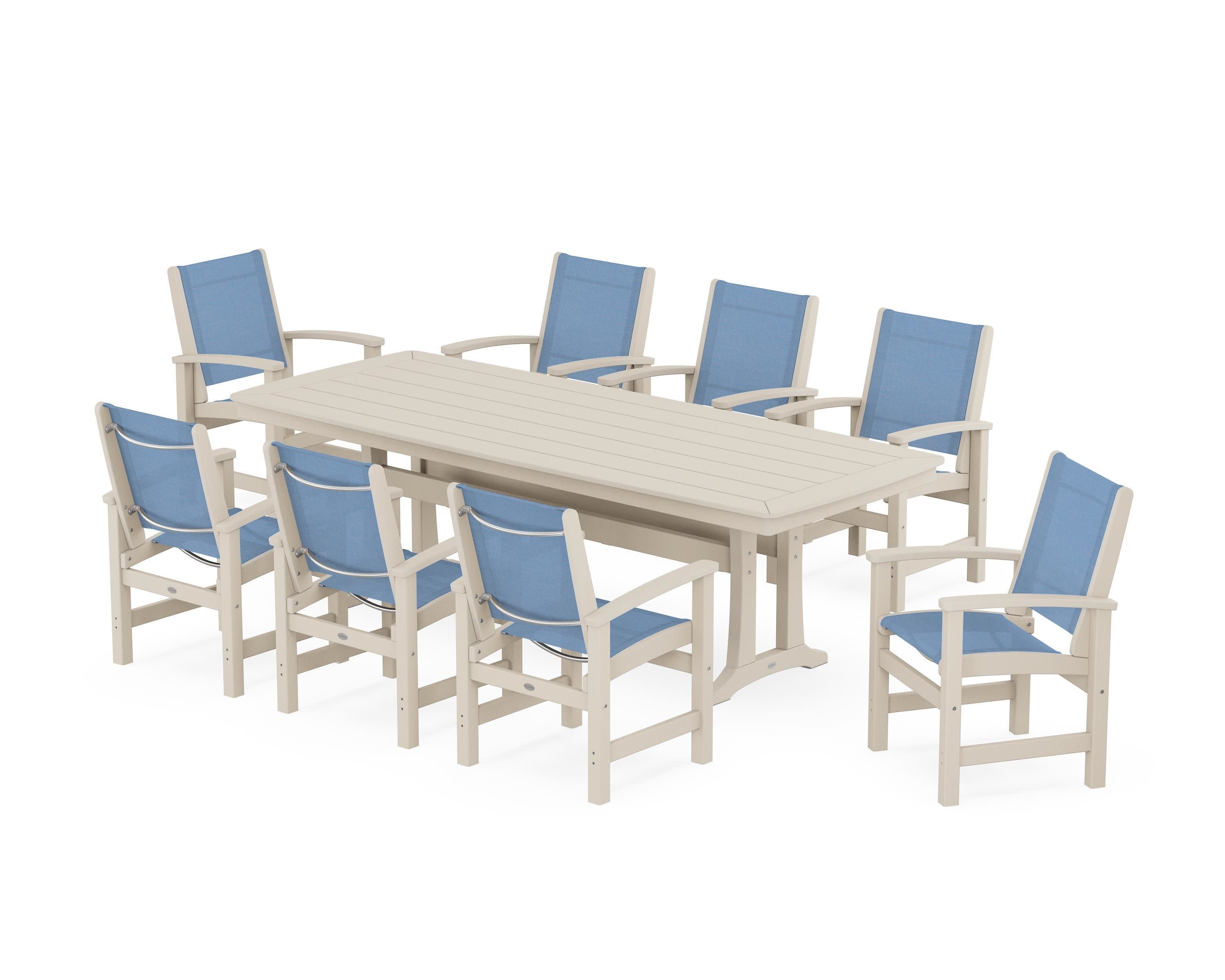 Coastal 9-Piece Dining Set with Trestle Legs in Sand / Poolside Sling