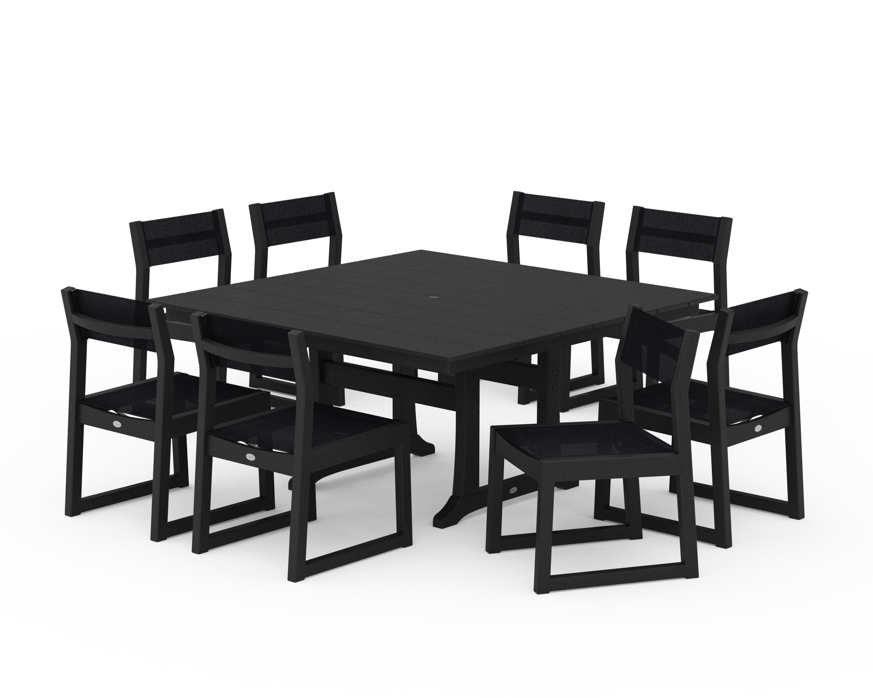 EDGE Sling Side Chair 9-Piece Farmhouse Trestle Dining Set in Black / Black Sling