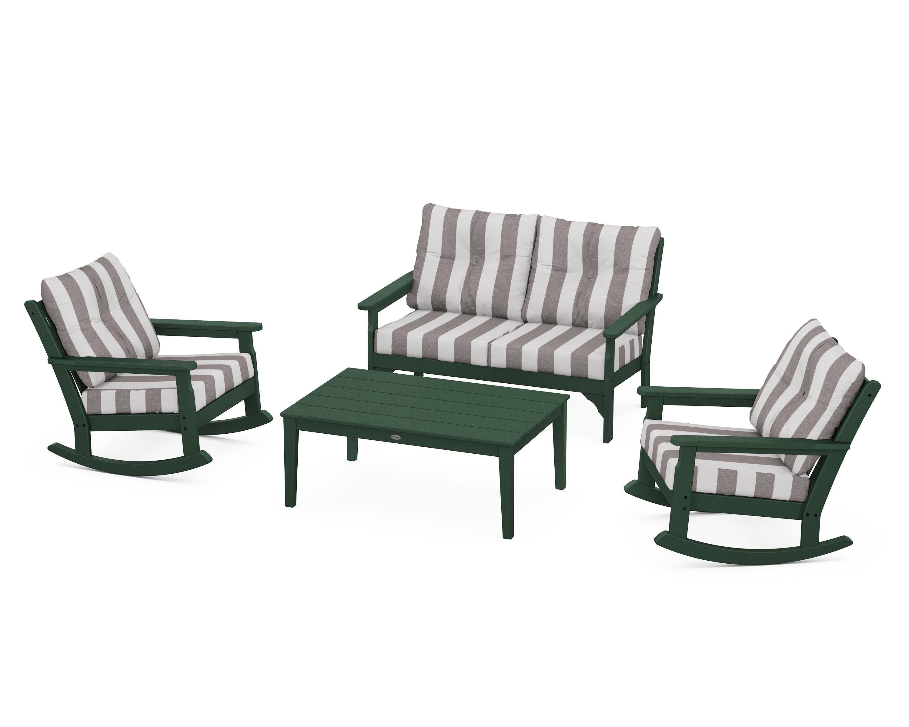 Vineyard 4-Piece Deep Seating Rocking Chair Set in Green / Cabana Stripe Grey Mist