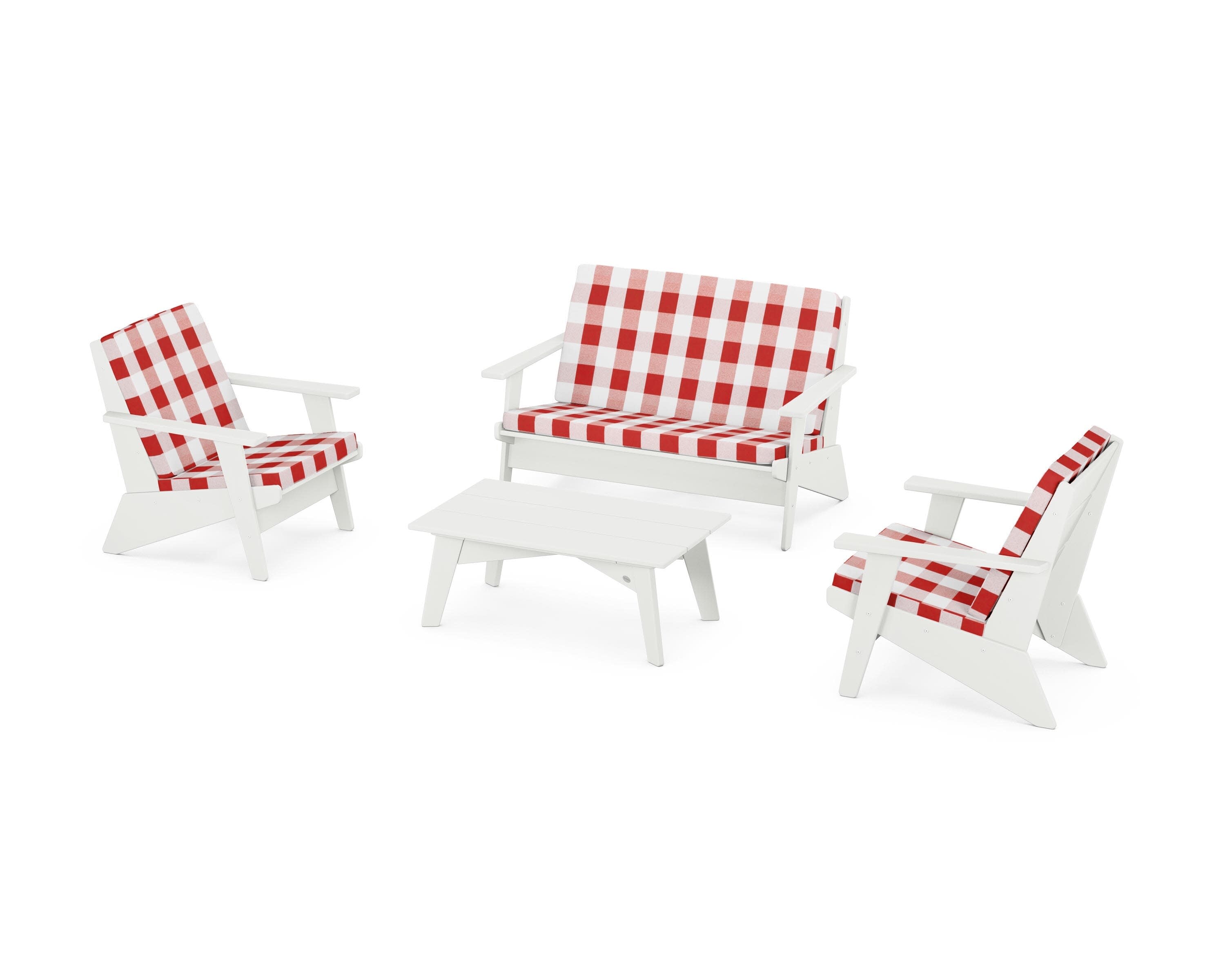 Riviera Modern Lounge 4-Piece Set in Vintage White / Buffalo Plaid Crimson