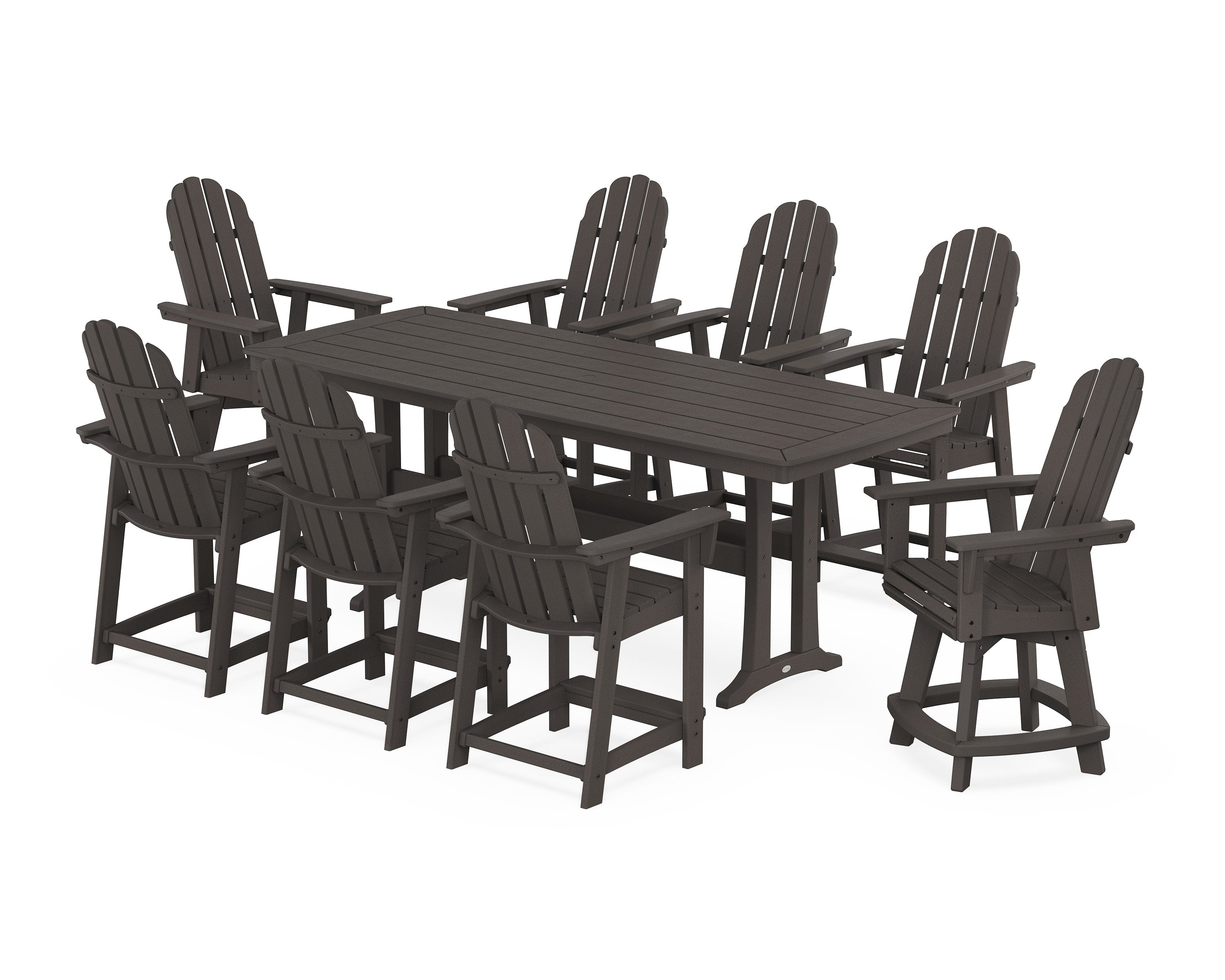 Vineyard Curveback Adirondack Swivel 9-Piece Counter Set with Trestle Legs in Vintage Coffee