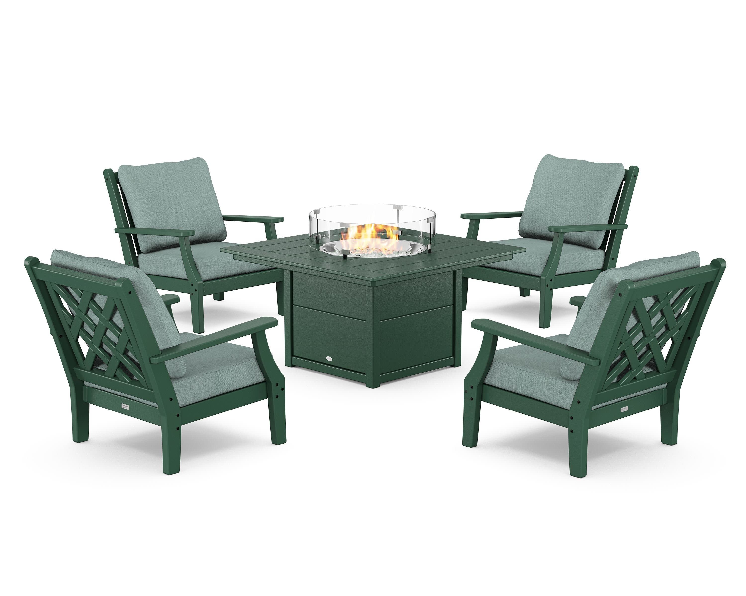 Wovendale 5-Piece Deep Seating Set with Fire Pit Table in Green / Glacier Spa