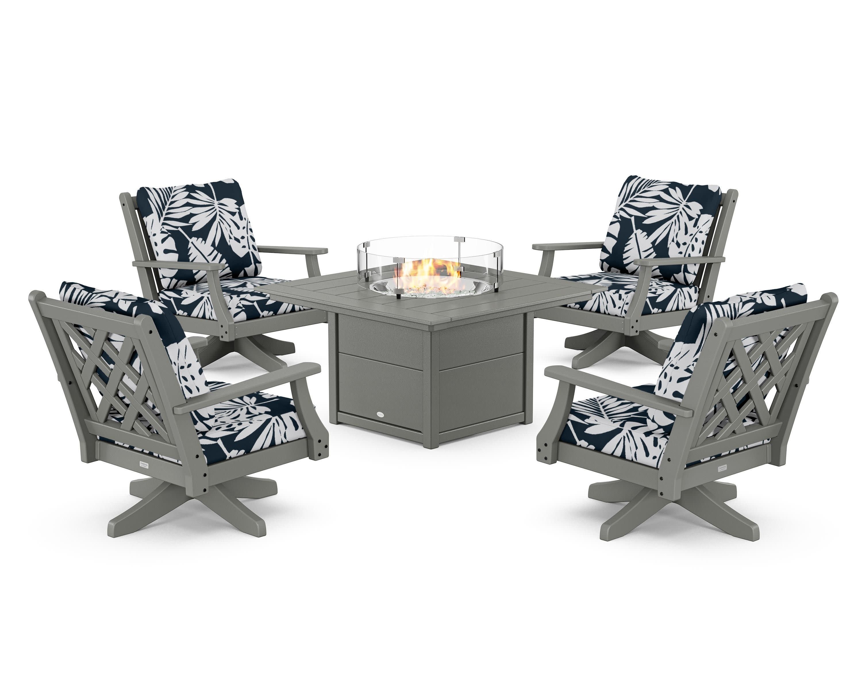 Wovendale 5-Piece Deep Seating Swivel Conversation Set with Fire Pit Table in Slate Grey / Leaf Marine Indigo