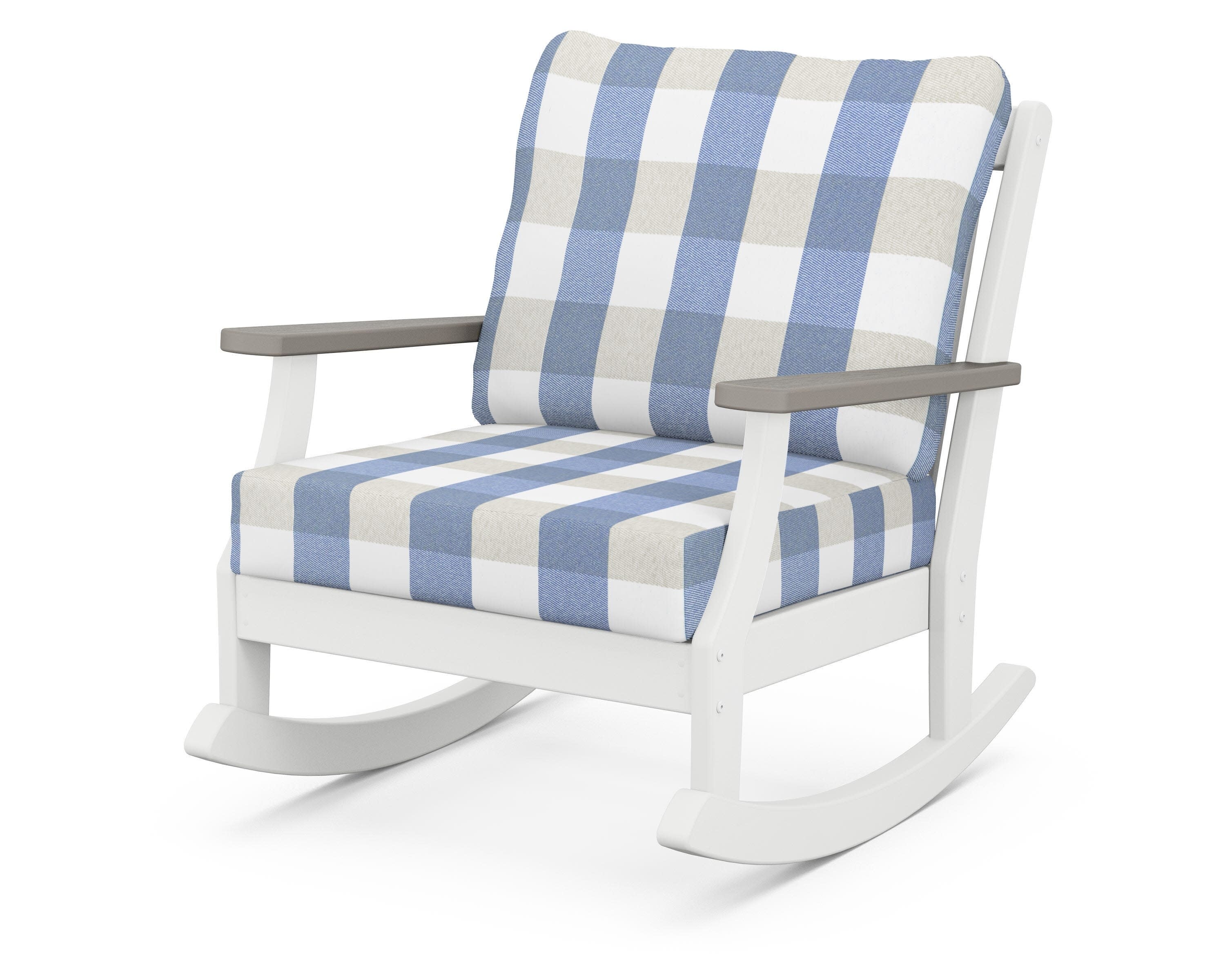 Braxton Deep Seating Rocking Chair in White / Driftwood / Buffalo Plaid Sky Blue