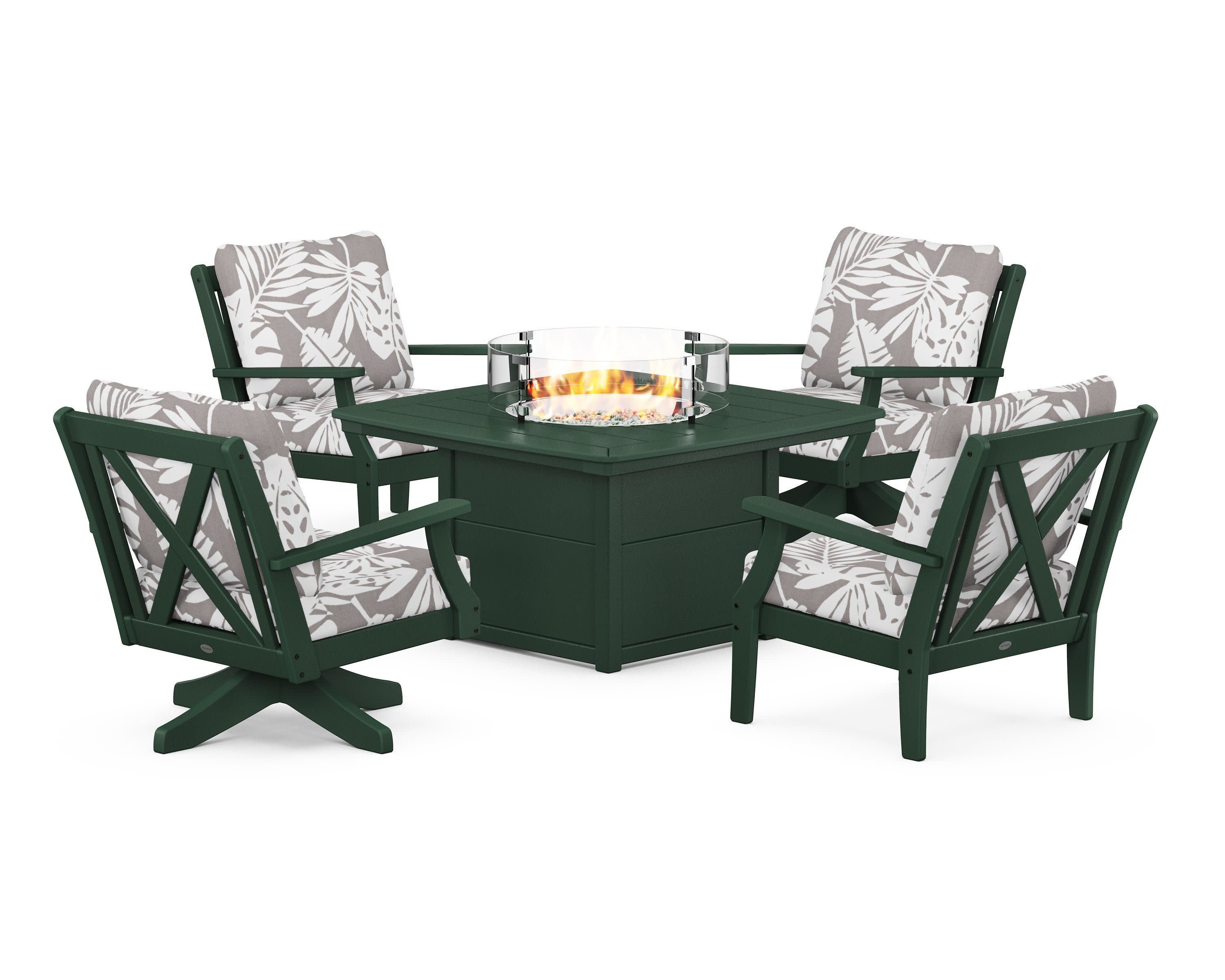 Braxton 5-Piece Deep Seating Set with Fire Table in Green / Leaf Grey Mist