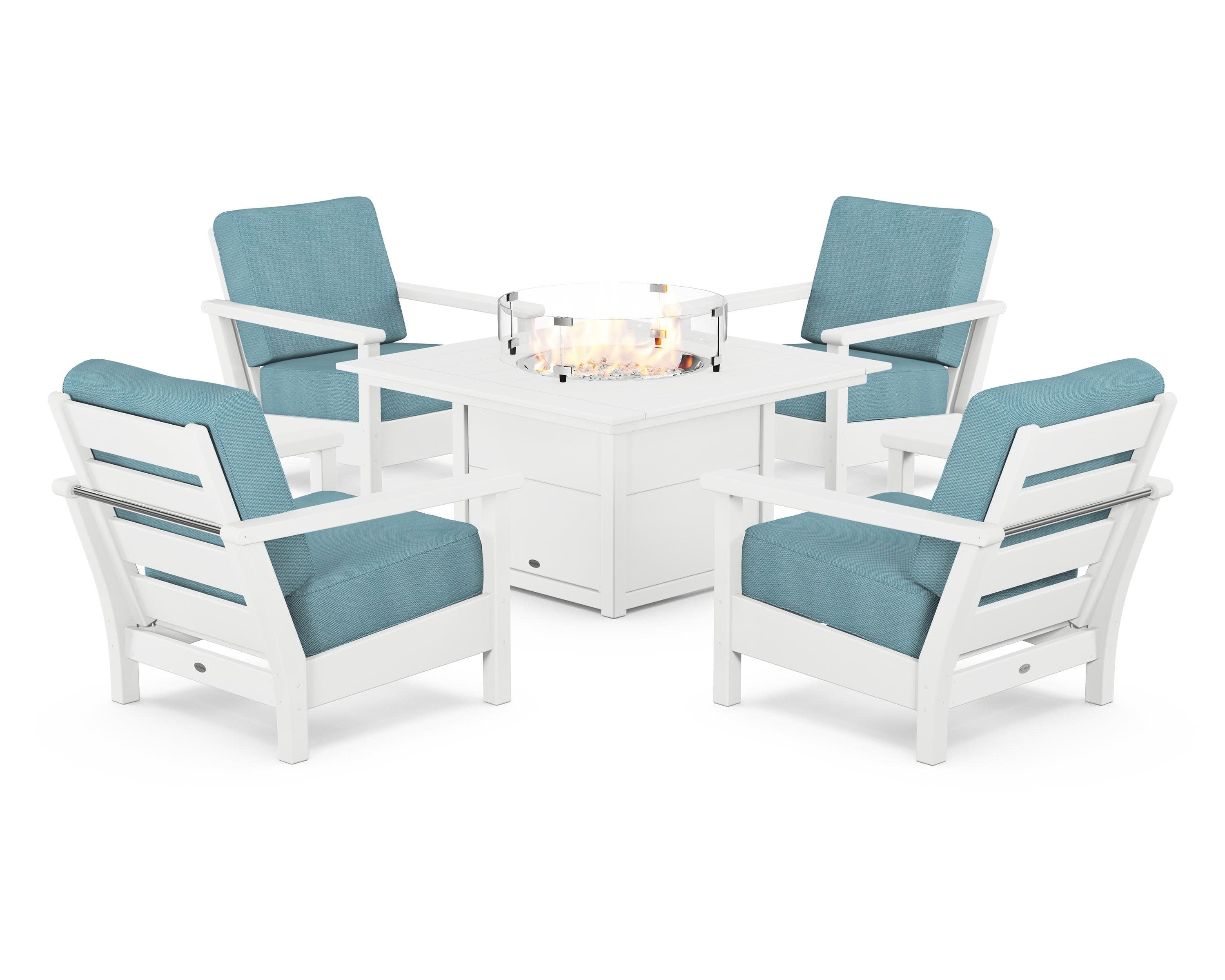 Harbour 5-Piece Conversation Set with Fire Pit Table in White / Lattice Sky Blue