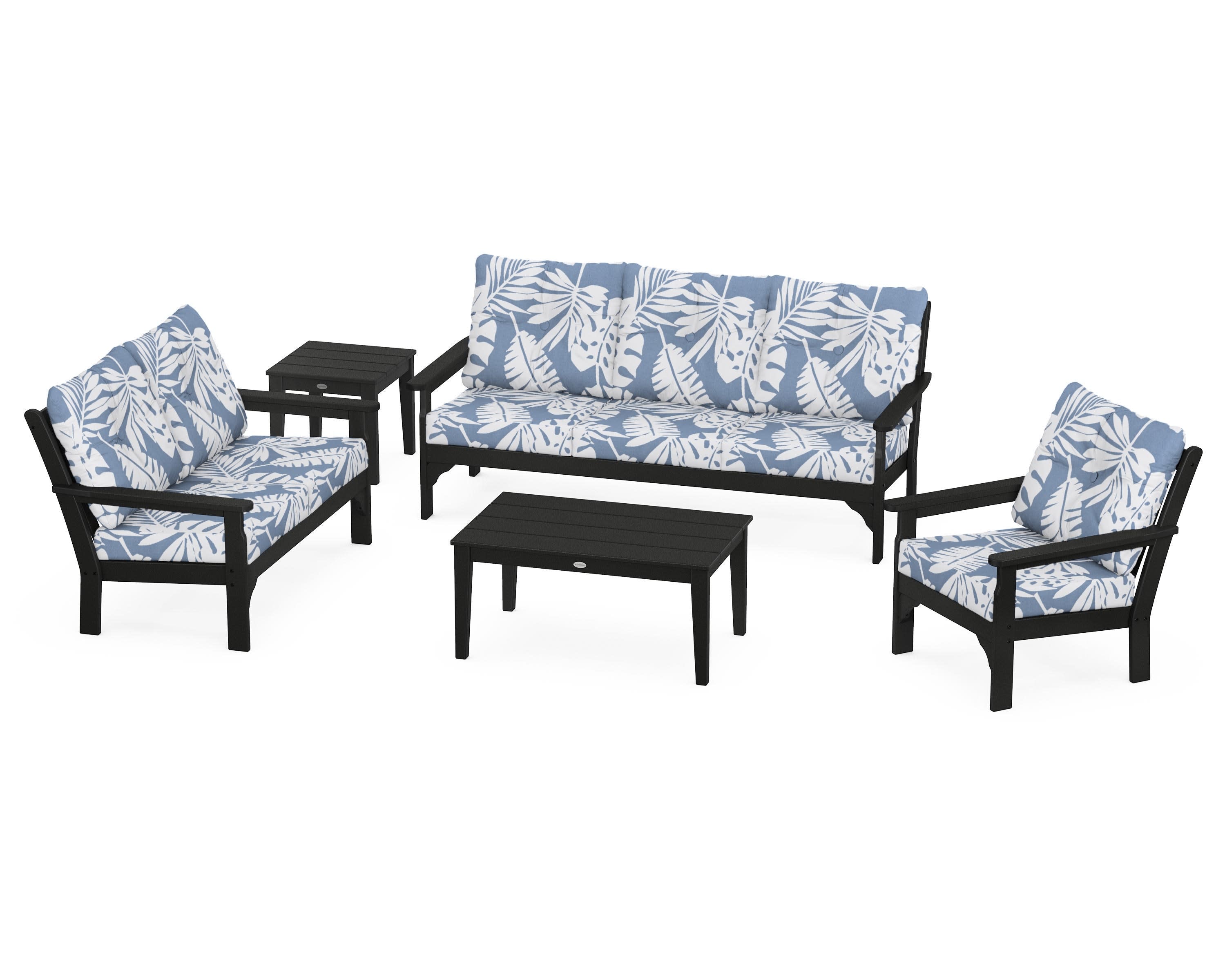Vineyard 5 Piece Deep Seating Set in Black / Leaf Sky Blue