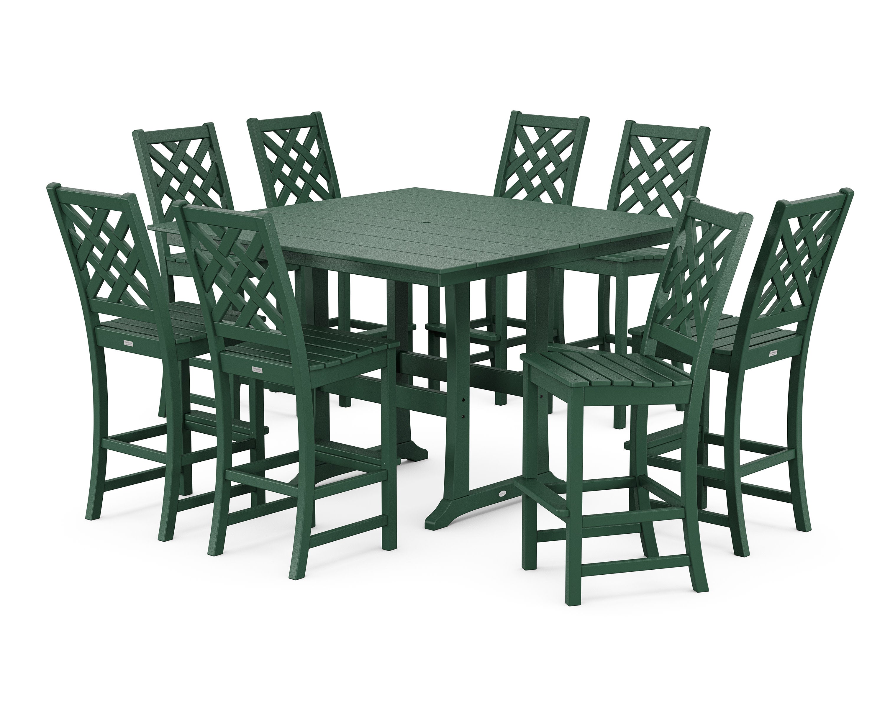 Wovendale Side Chair 9-Piece Square Farmhouse Bar Set with Trestle Legs in Green