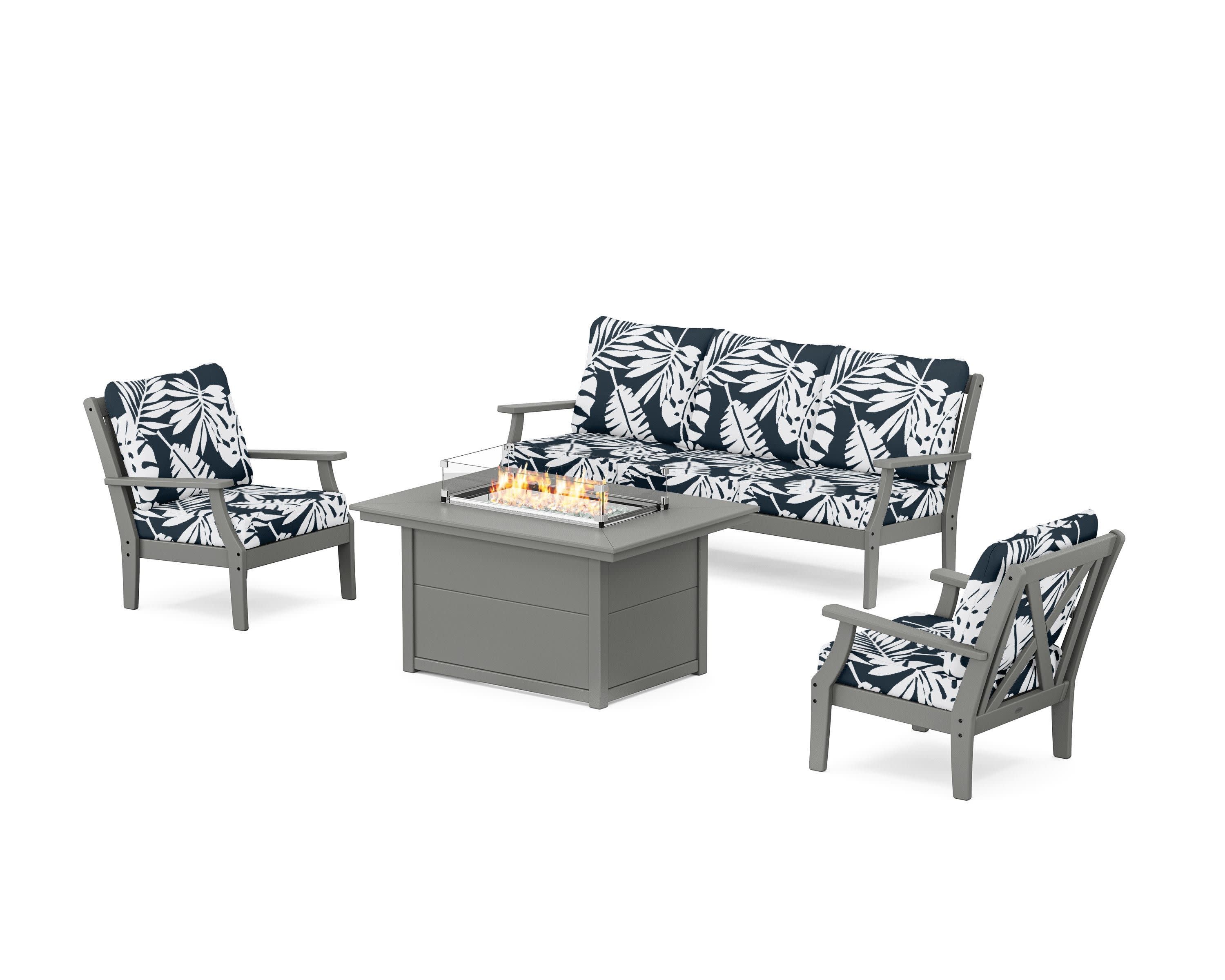 Braxton Deep Seating Fire Pit Table Set in Slate Grey / Leaf Marine Indigo
