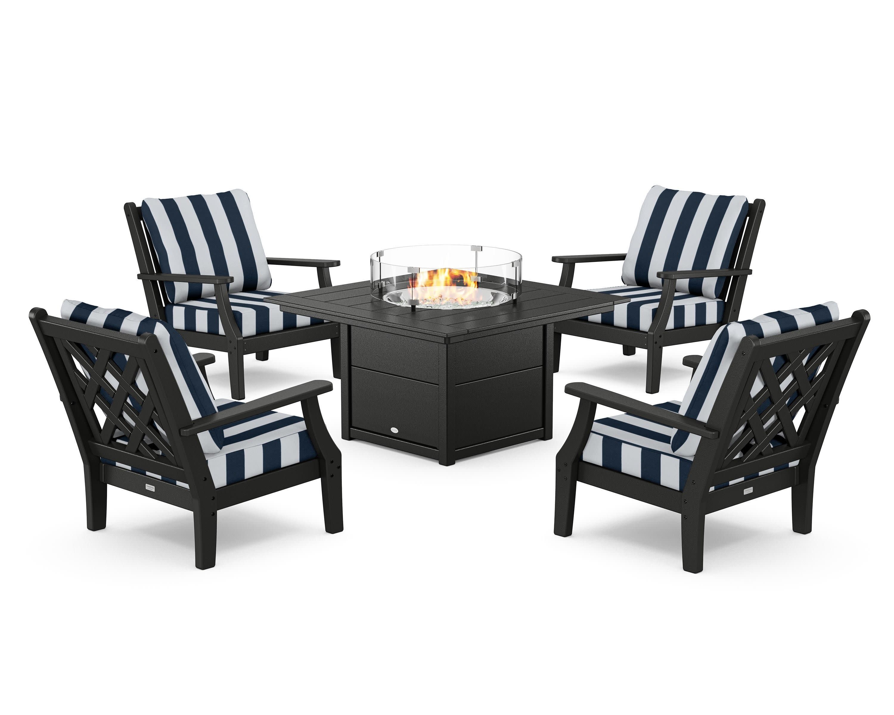 Wovendale 5-Piece Deep Seating Set with Fire Pit Table in Black / Cabana Stripe Marine Indigo