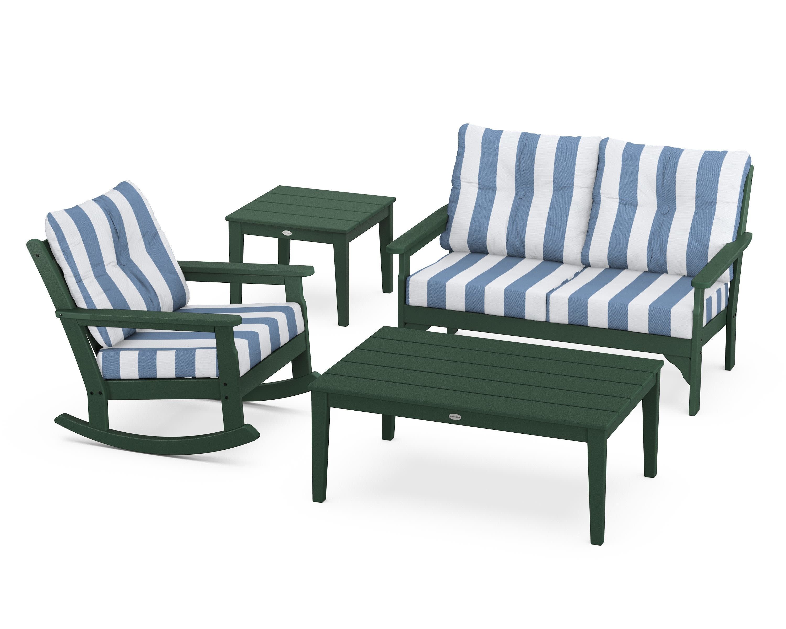 Vineyard 4-Piece Deep Seating Rocker Set in Green / Cabana Stripe Sky Blue