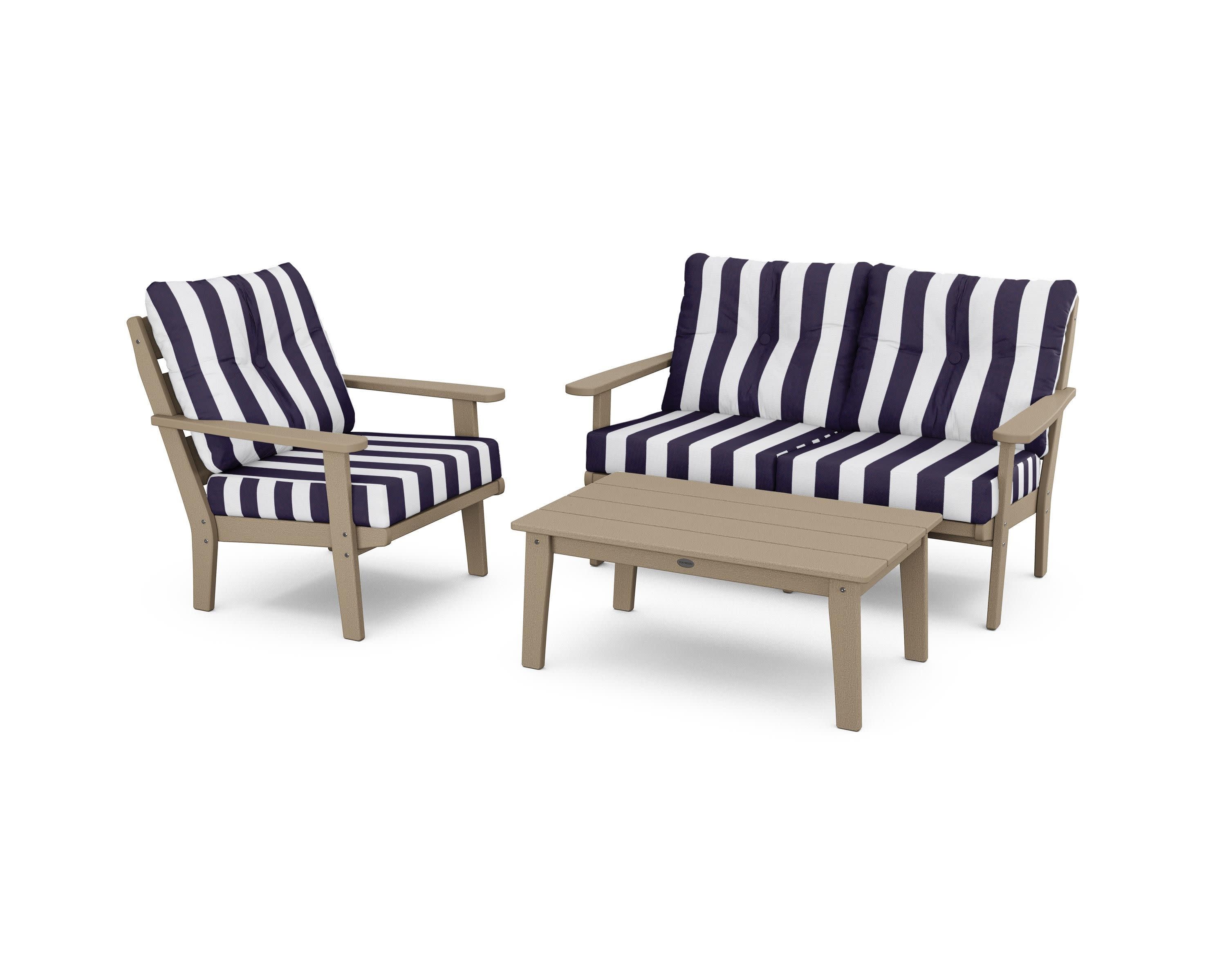 Lakeside 3-Piece Deep Seating Set in Vintage Sahara / Cabana Stripe Navy