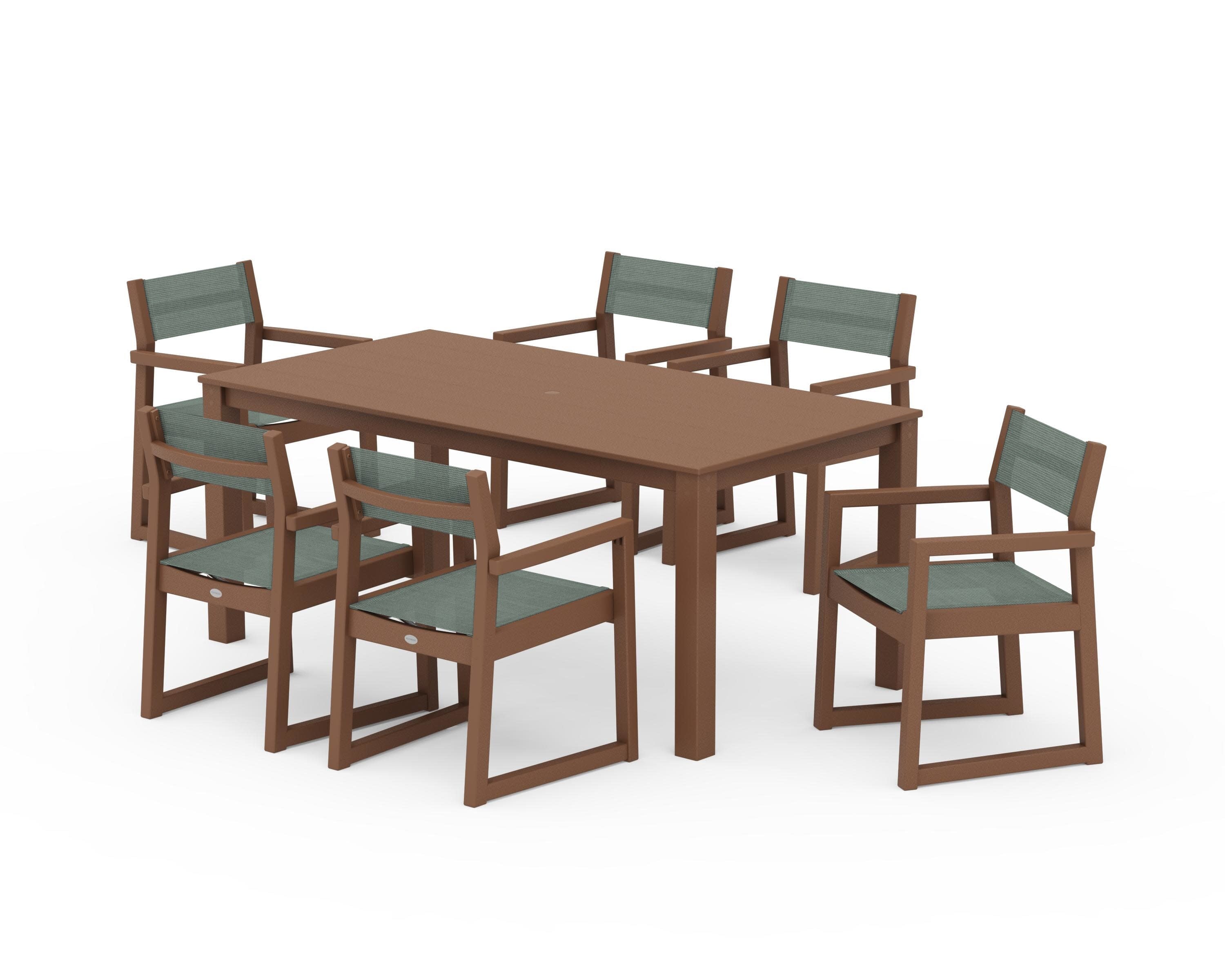 EDGE Sling Arm Chair 7-Piece Parsons Dining Set in Teak / Dupioni Sea Mist Sling