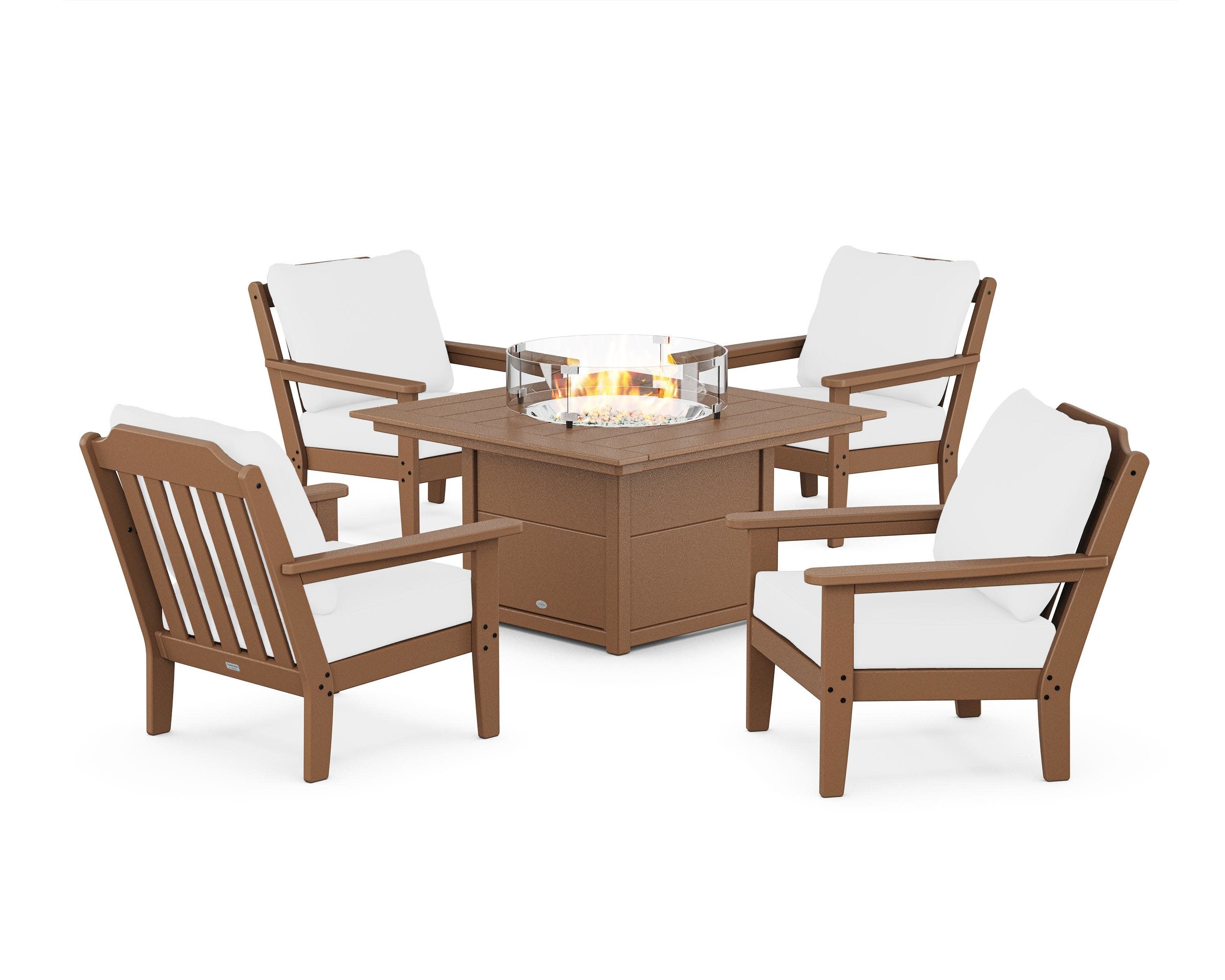 Cottage 5-Piece Deep Seating Set with Fire Pit Table in Teak / Natural