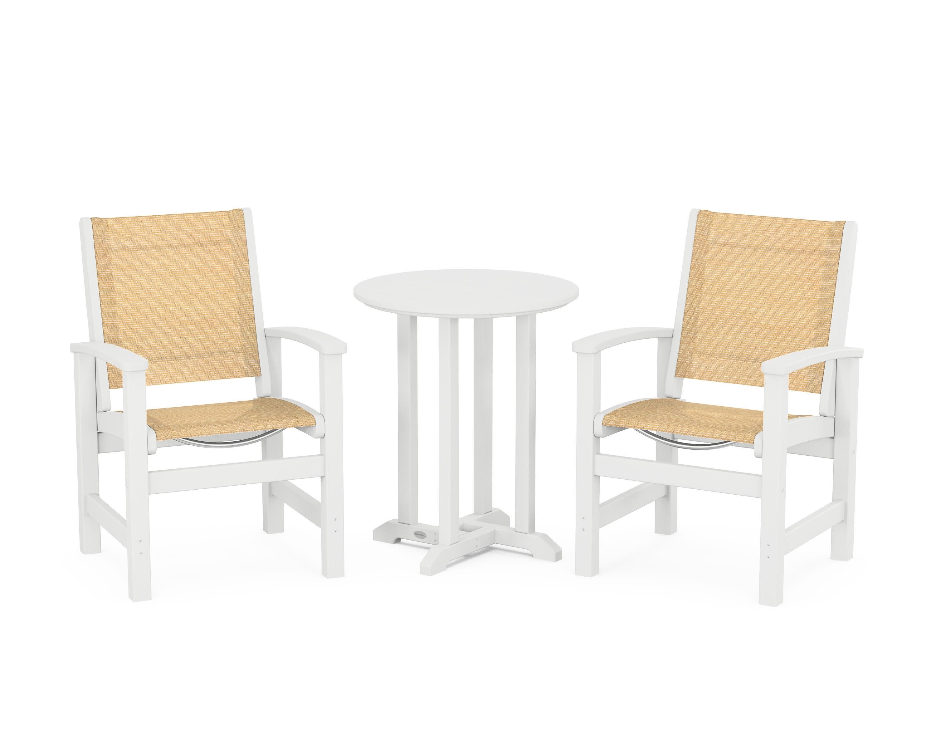 Coastal 3-Piece Round Bistro Dining Set in White / Dupioni Apricot Sling