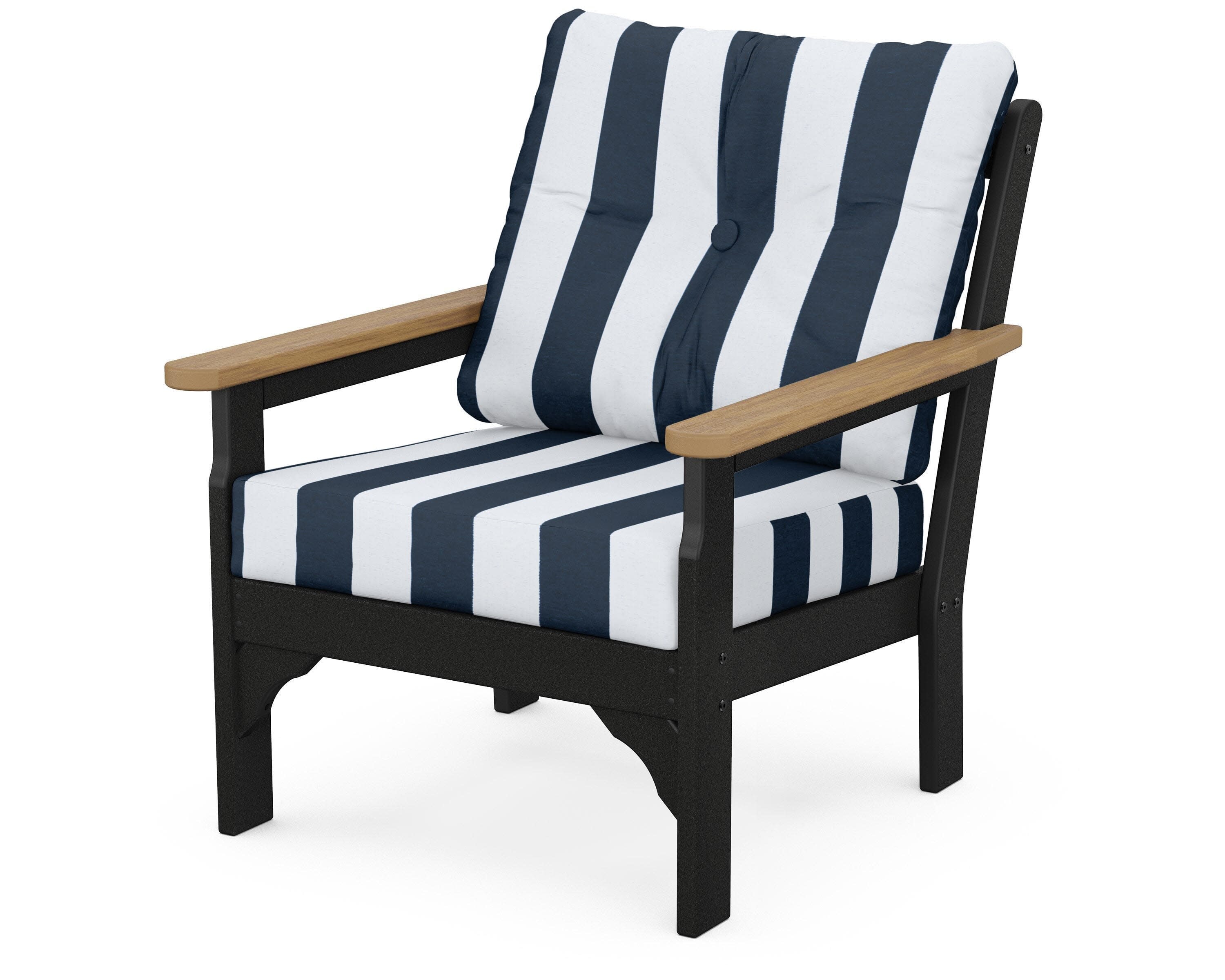 Vineyard Deep Seating Chair in Black / Natural / Cabana Stripe Marine Indigo