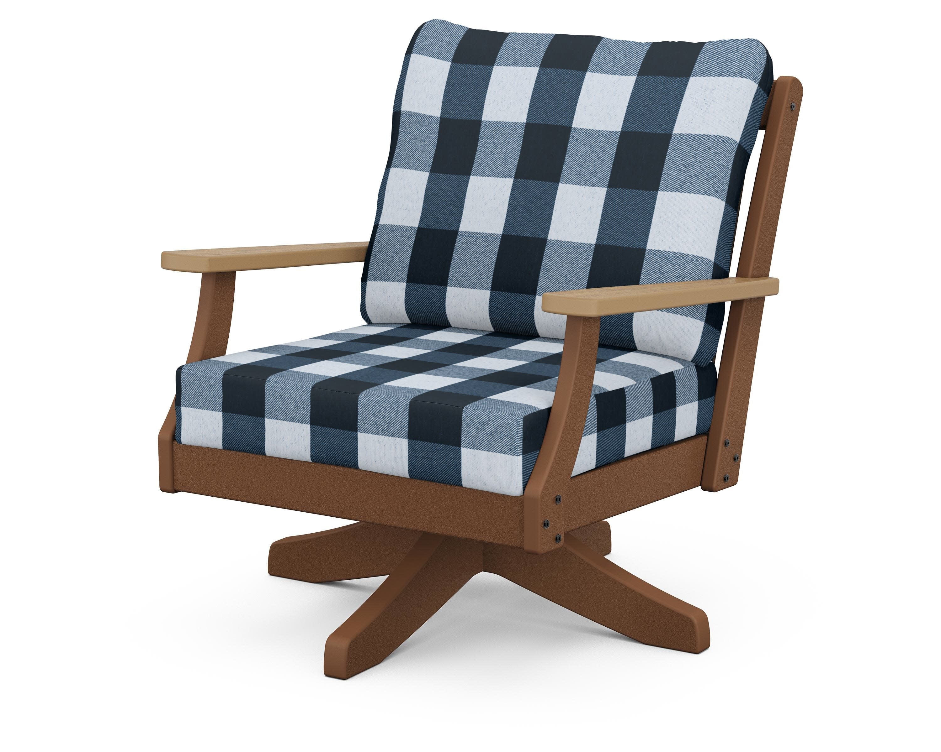 Braxton Deep Seating Swivel Chair in Teak / Natural / Buffalo Plaid Marine Indigo