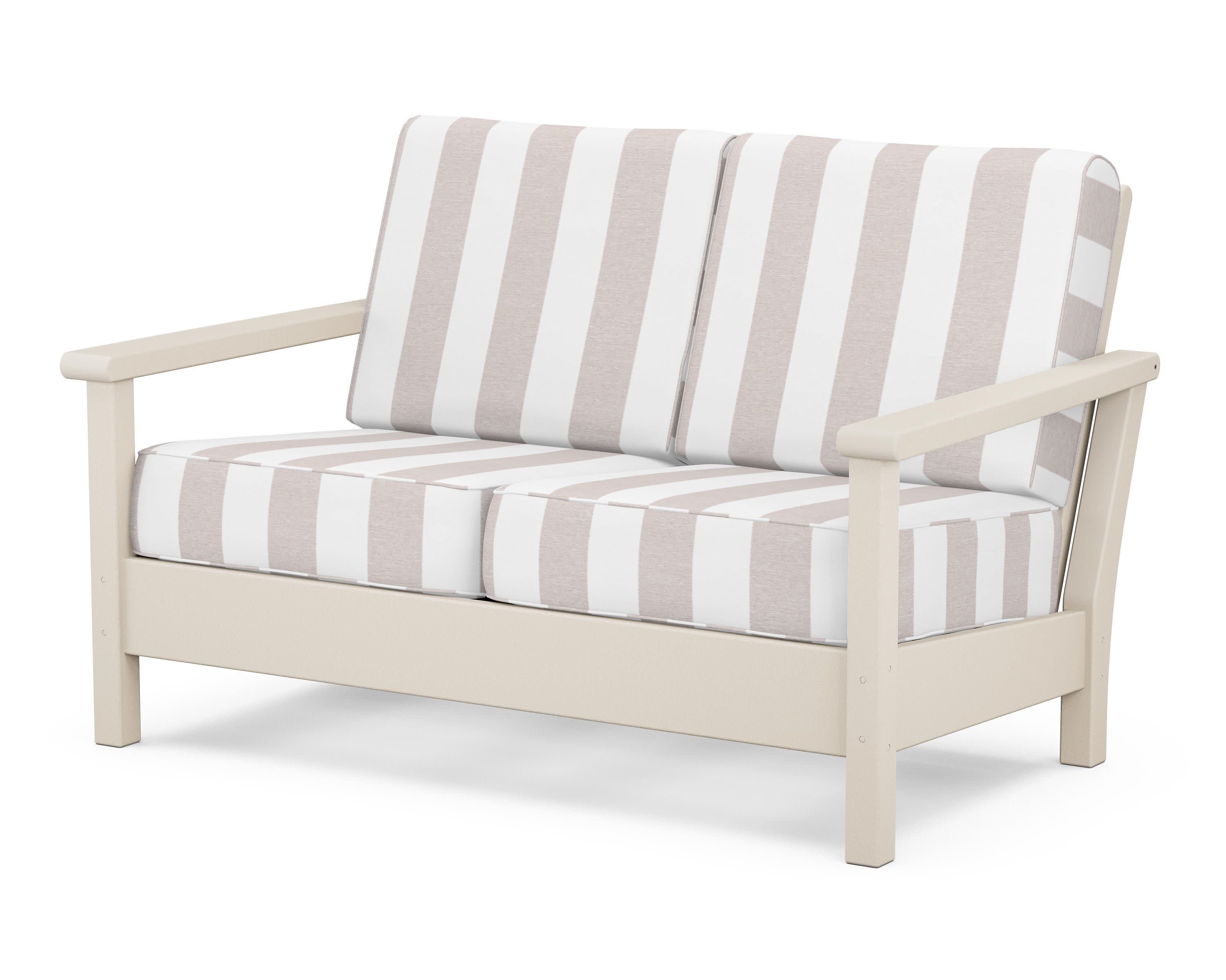 Harbour Deep Seating Loveseat in Sand / Cabana Stripe Dune Burlap