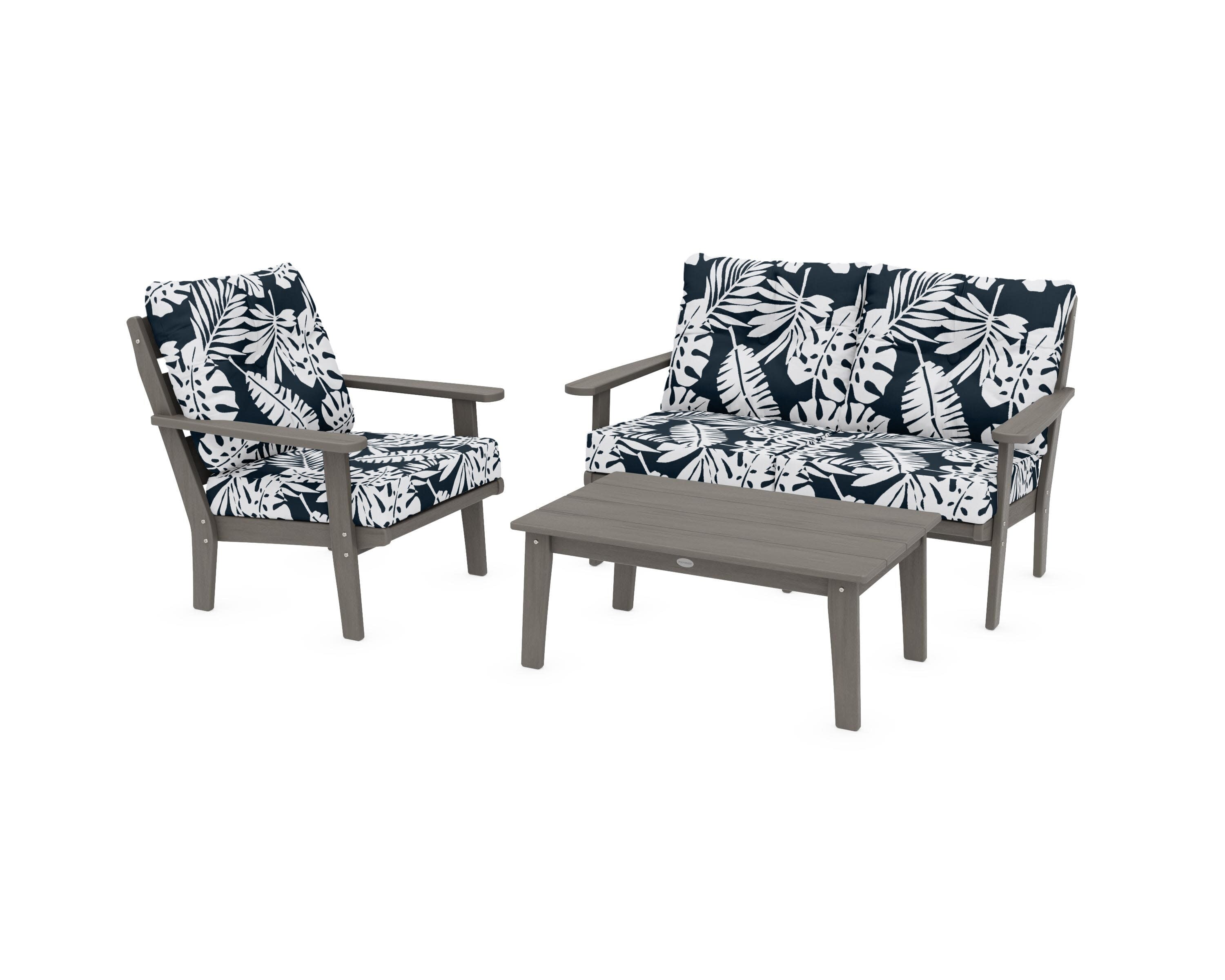 Lakeside 3-Piece Deep Seating Set in Driftwood / Leaf Marine Indigo