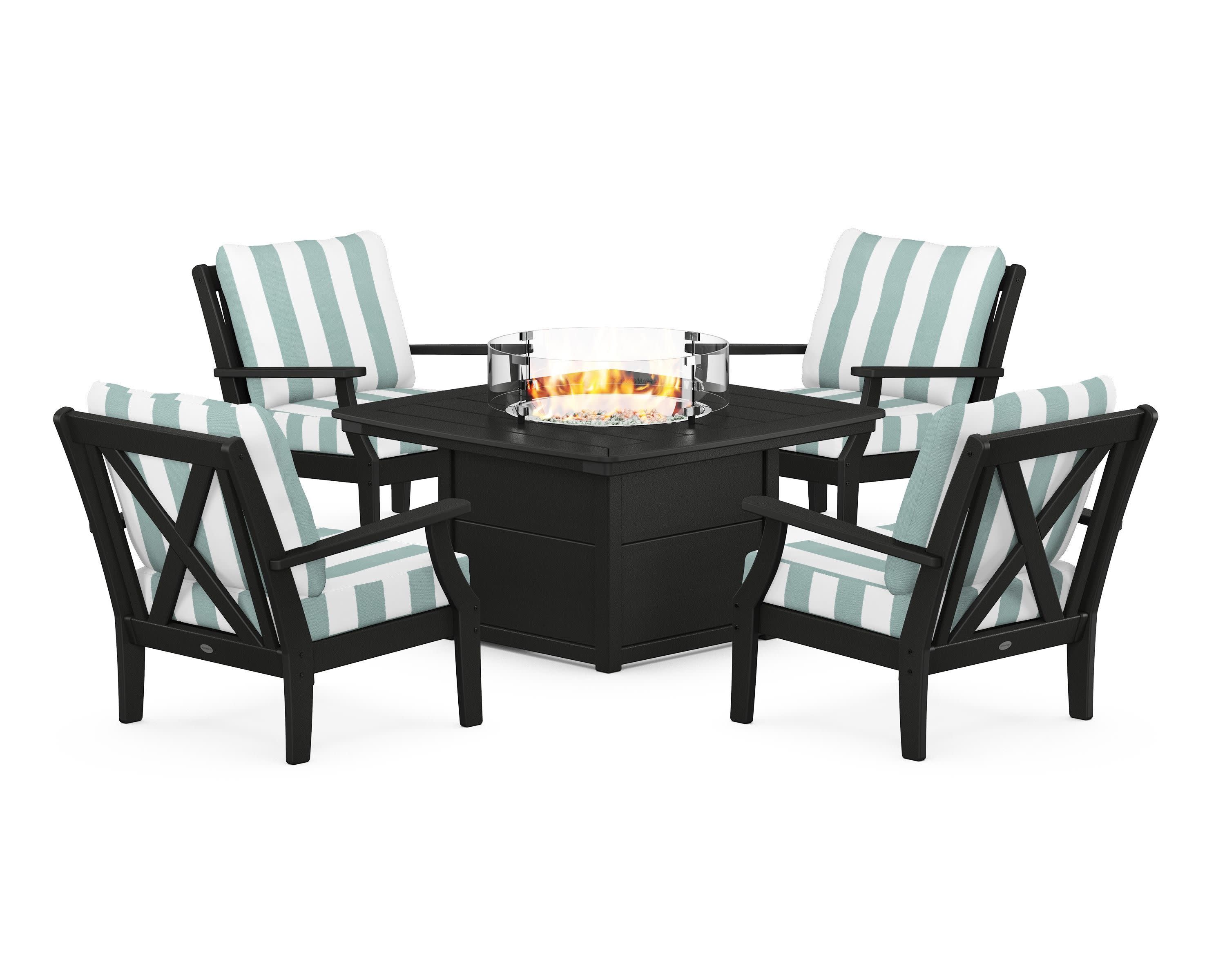 Braxton 5-Piece Deep Seating Conversation Set with Fire Pit Table in Black / Cabana Stripe Glacier Spa