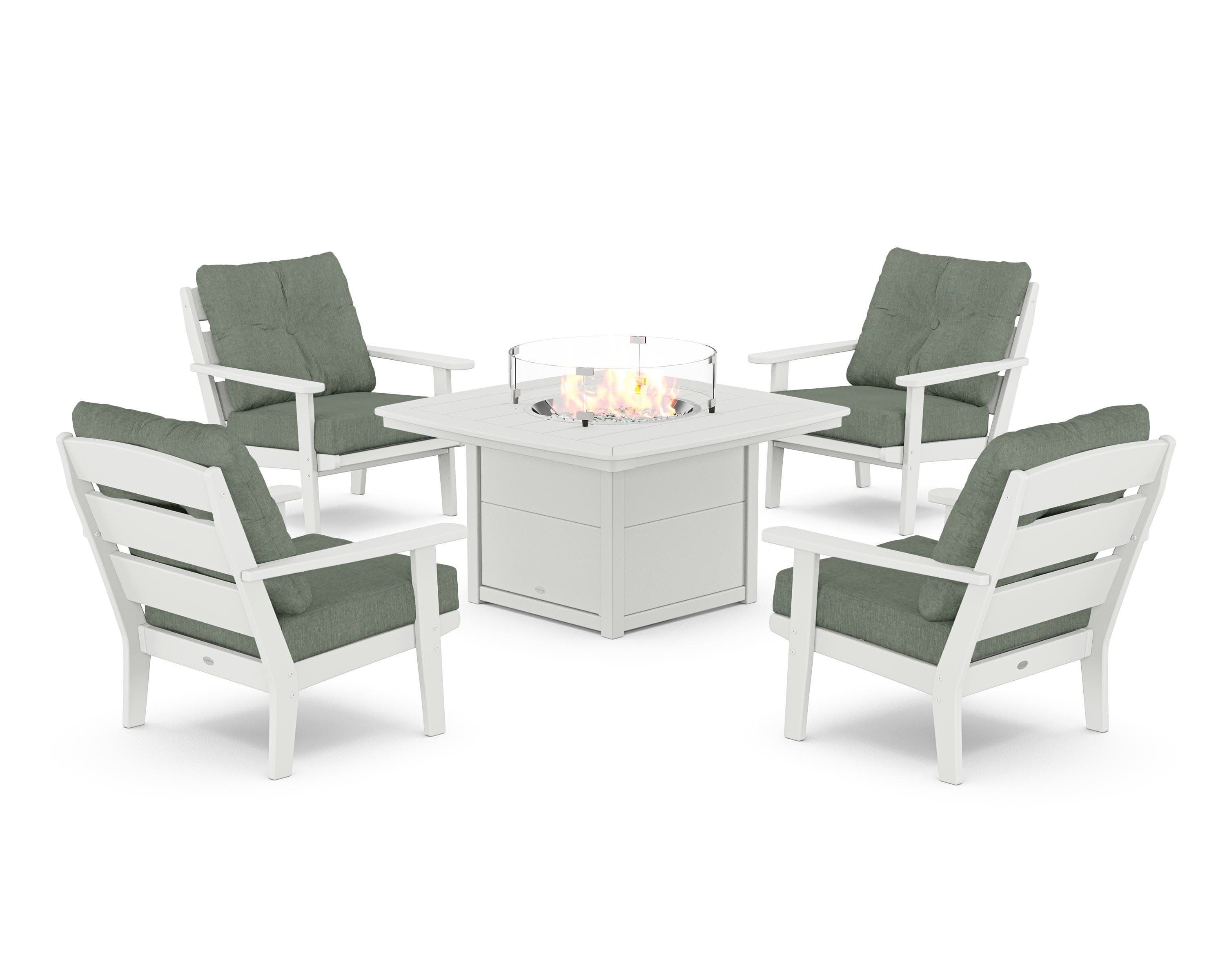 Lakeside 5-Piece Deep Seating Set with Nautical Fire Pit Table in White / Cast Sage