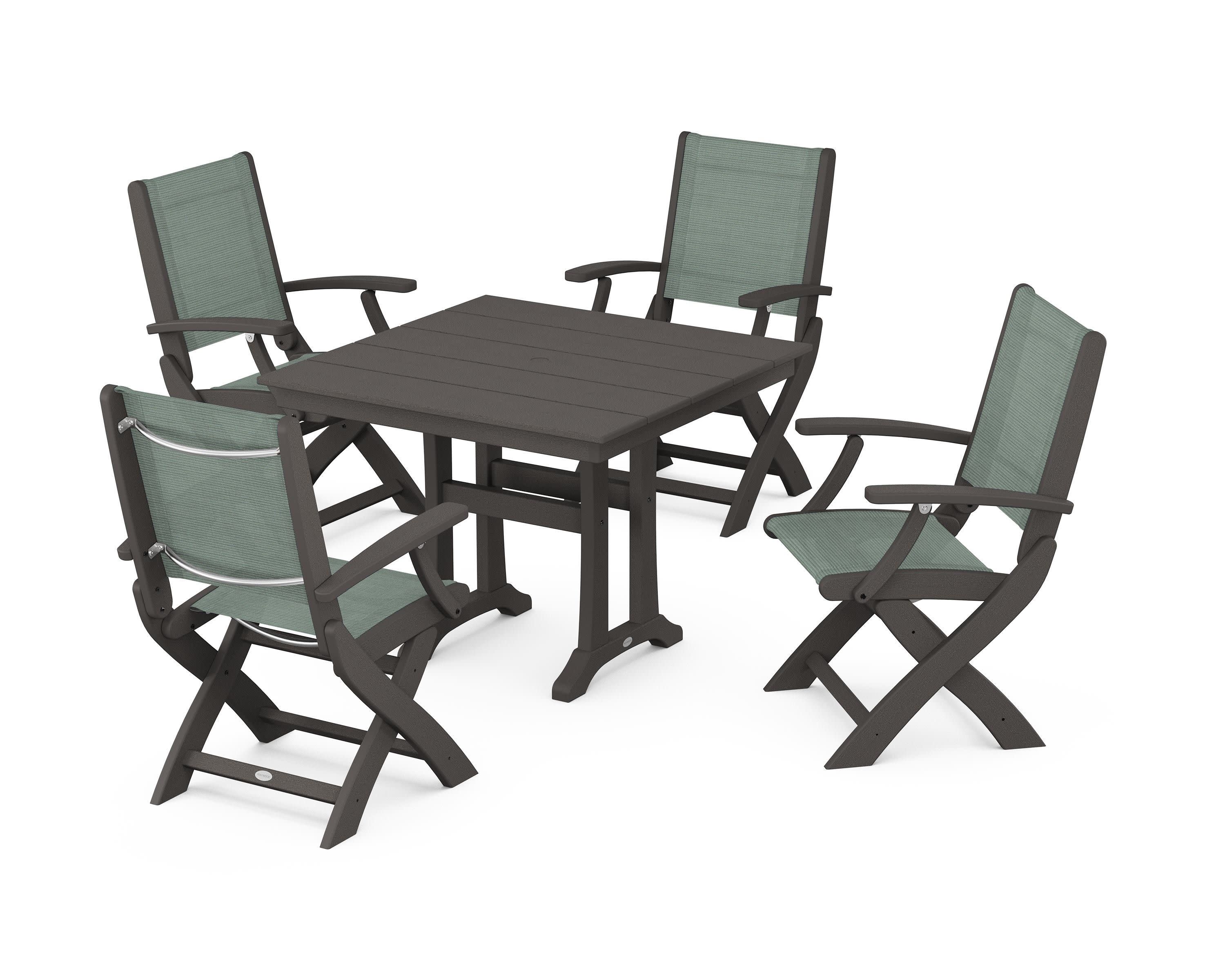 Coastal Folding Chair 5-Piece Farmhouse Dining Set With Trestle Legs in Vintage Coffee / Dupioni Sea Mist Sling