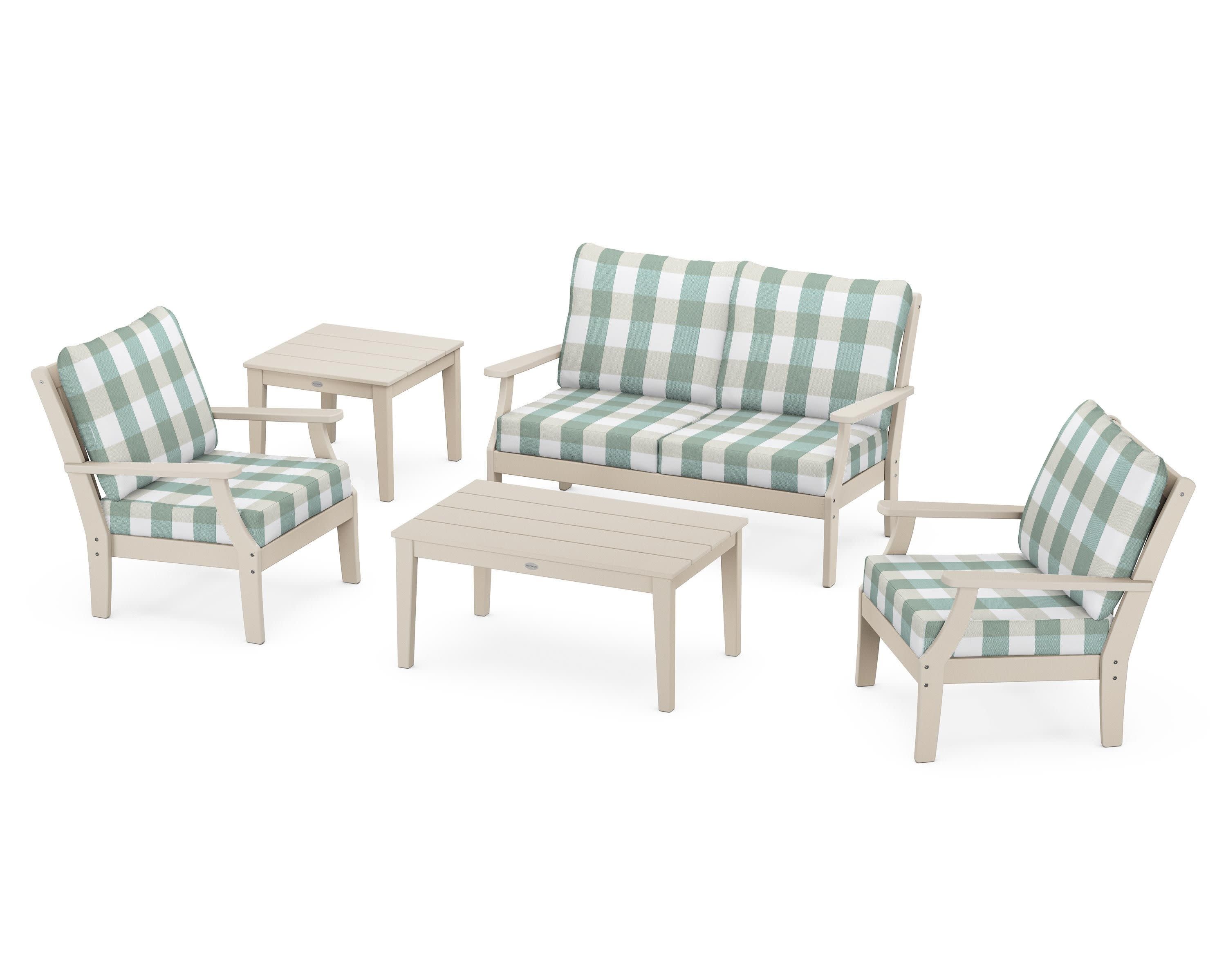 Braxton 5-Piece Deep Seating Set in Sand / Buffalo Plaid Glacier Spa