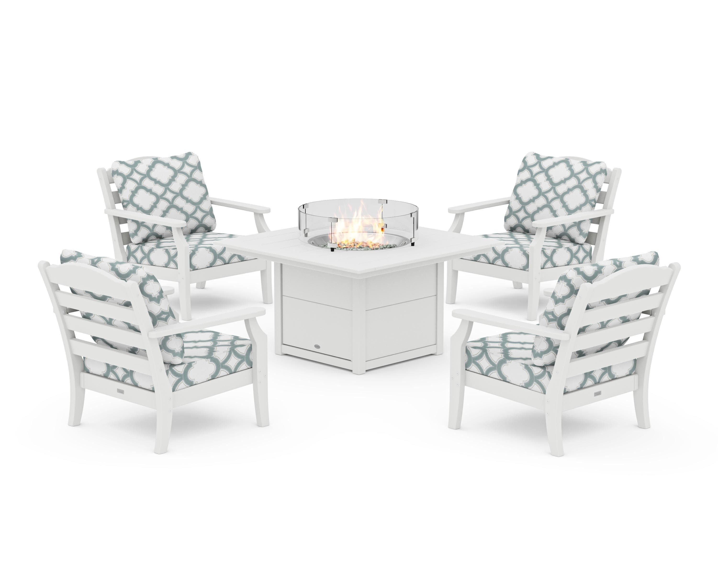 Savannah 5-Piece Deep Seating Set with Fire Pit Table in White / Trellis Glacier Spa
