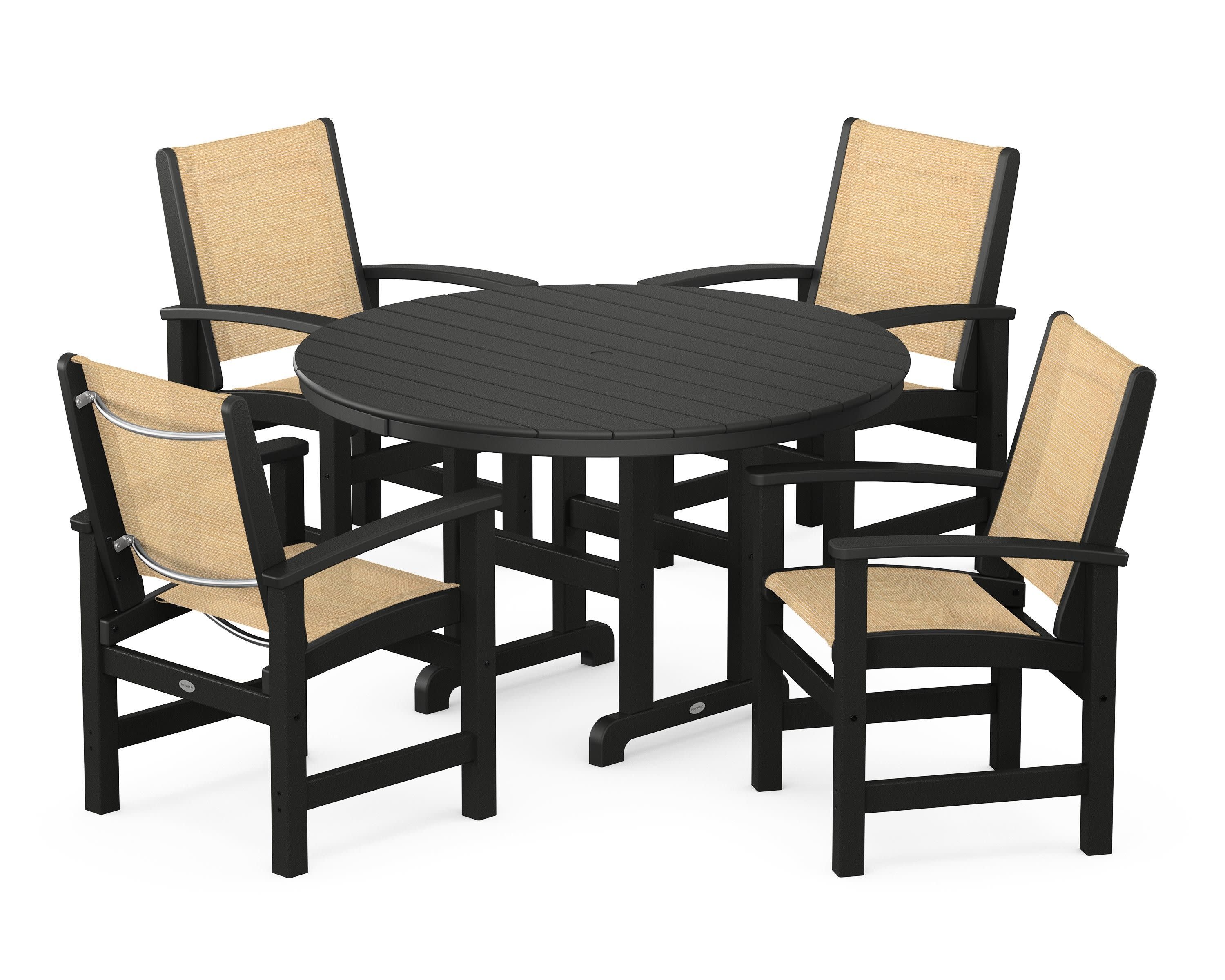 Coastal 5-Piece Round Farmhouse Dining Set in Black / Dupioni Apricot Sling