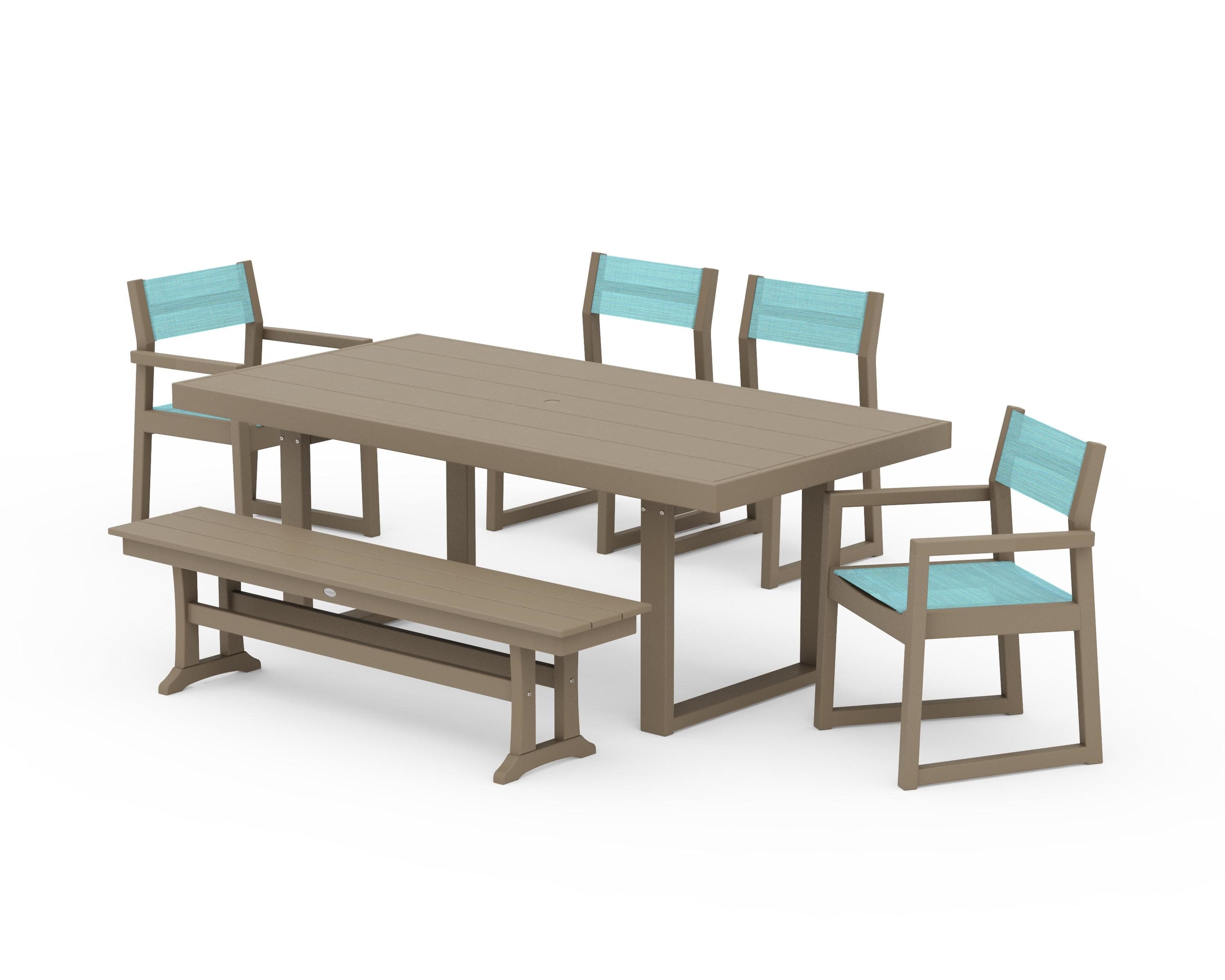 EDGE Sling 6-Piece Dining Set with Bench in Vintage Sahara / Dupioni Aquamarine Sling